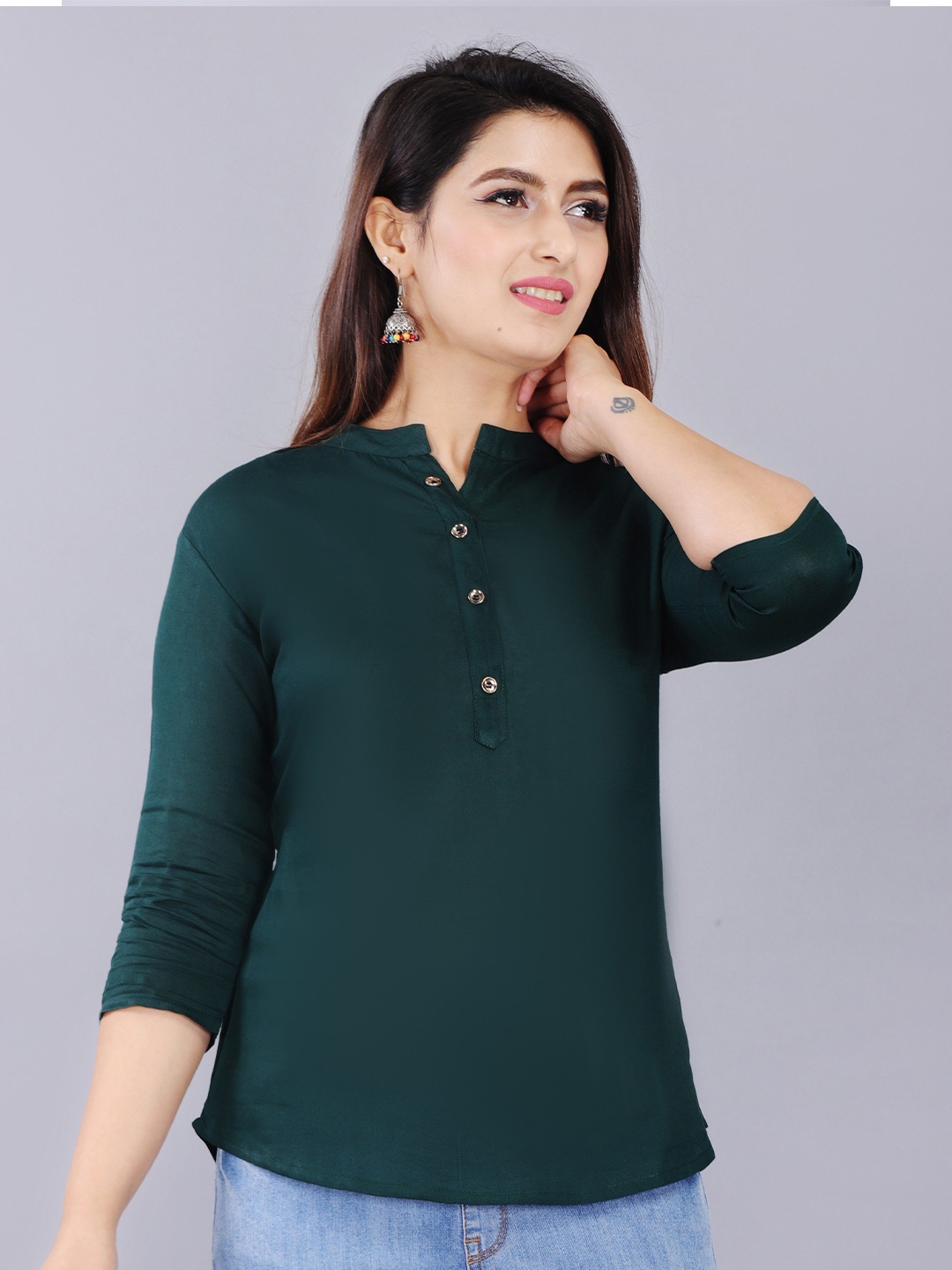 

Brijam Mandarin Collar Top, Green