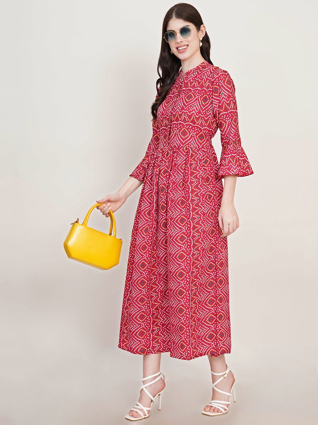 

Moda Rapido Ethnic Motifs Print Bell Sleeve Crepe Fit & Flare Midi Dress, Red