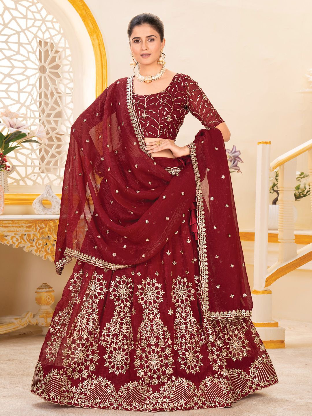 

Jogmaya Fashion Embroidered Ready to Wear Lehenga & Unstitched Blouse With Dupatta, Maroon