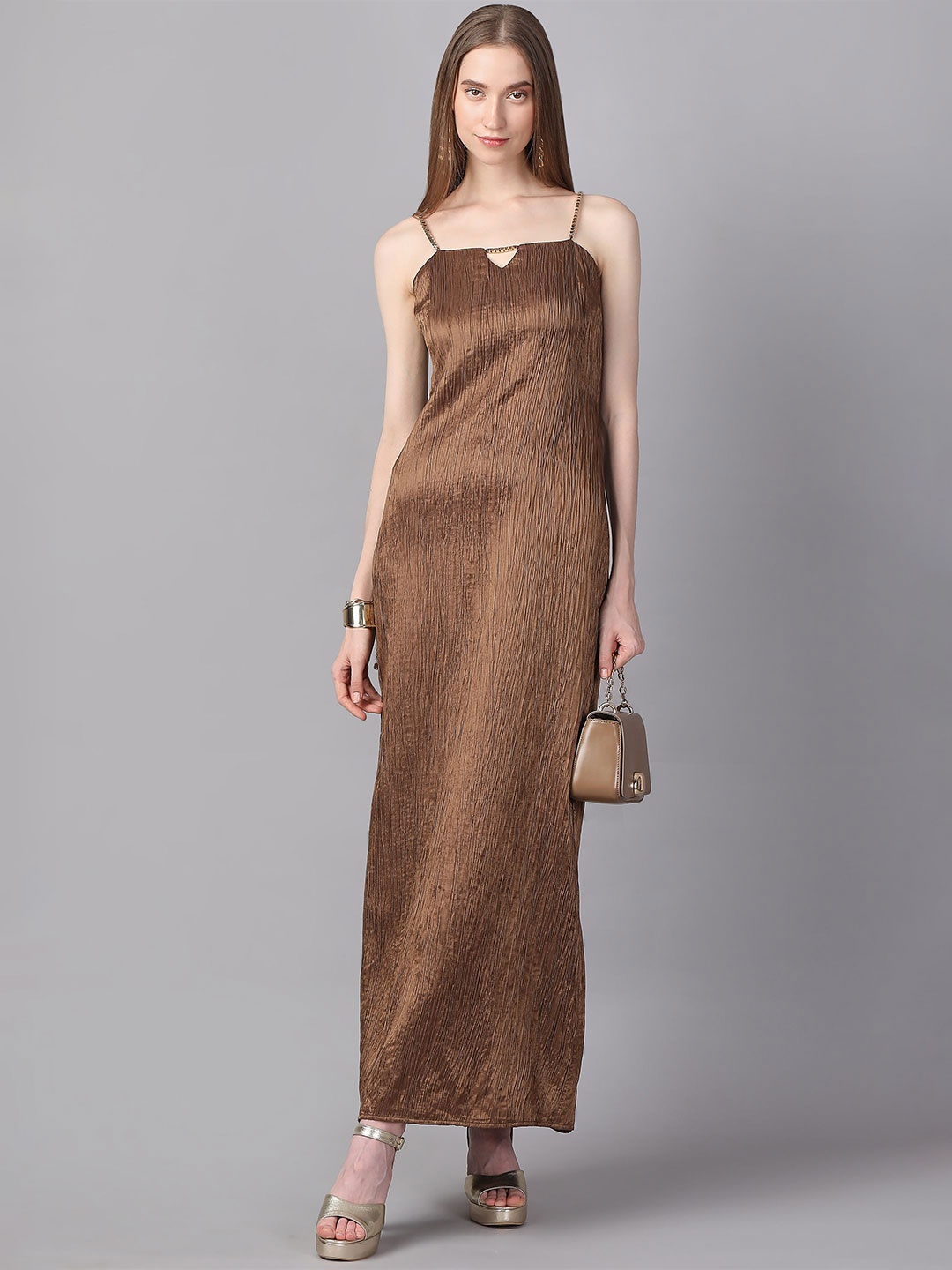 

MISH X Women Self Design Maxi Dress, Bronze