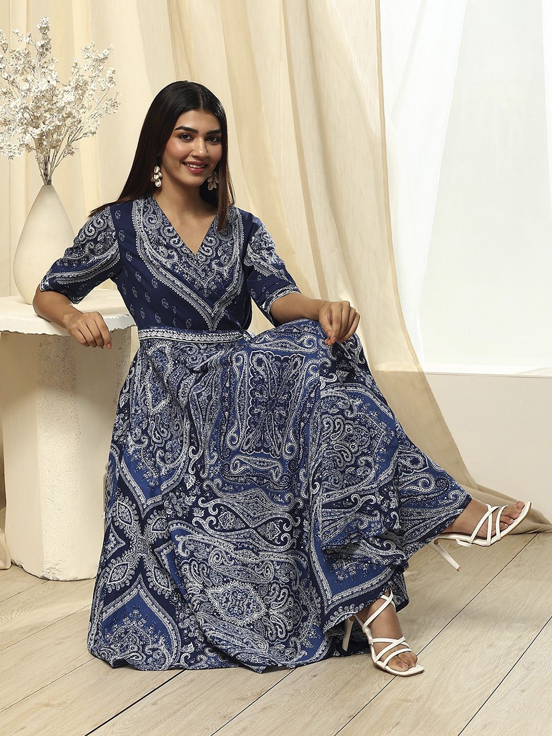 

Biba Ethnic Motifs Print Bell Sleeve Maxi Dress, Blue
