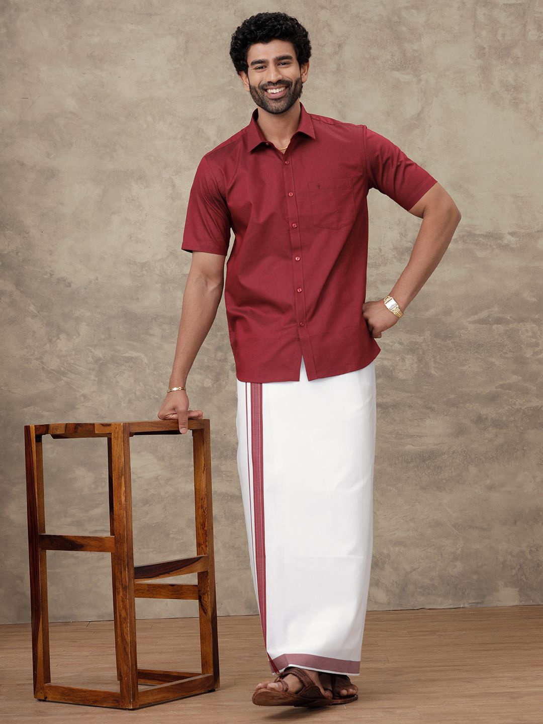 

Ramraj Shirt Collar Shirt With Veshti, Red