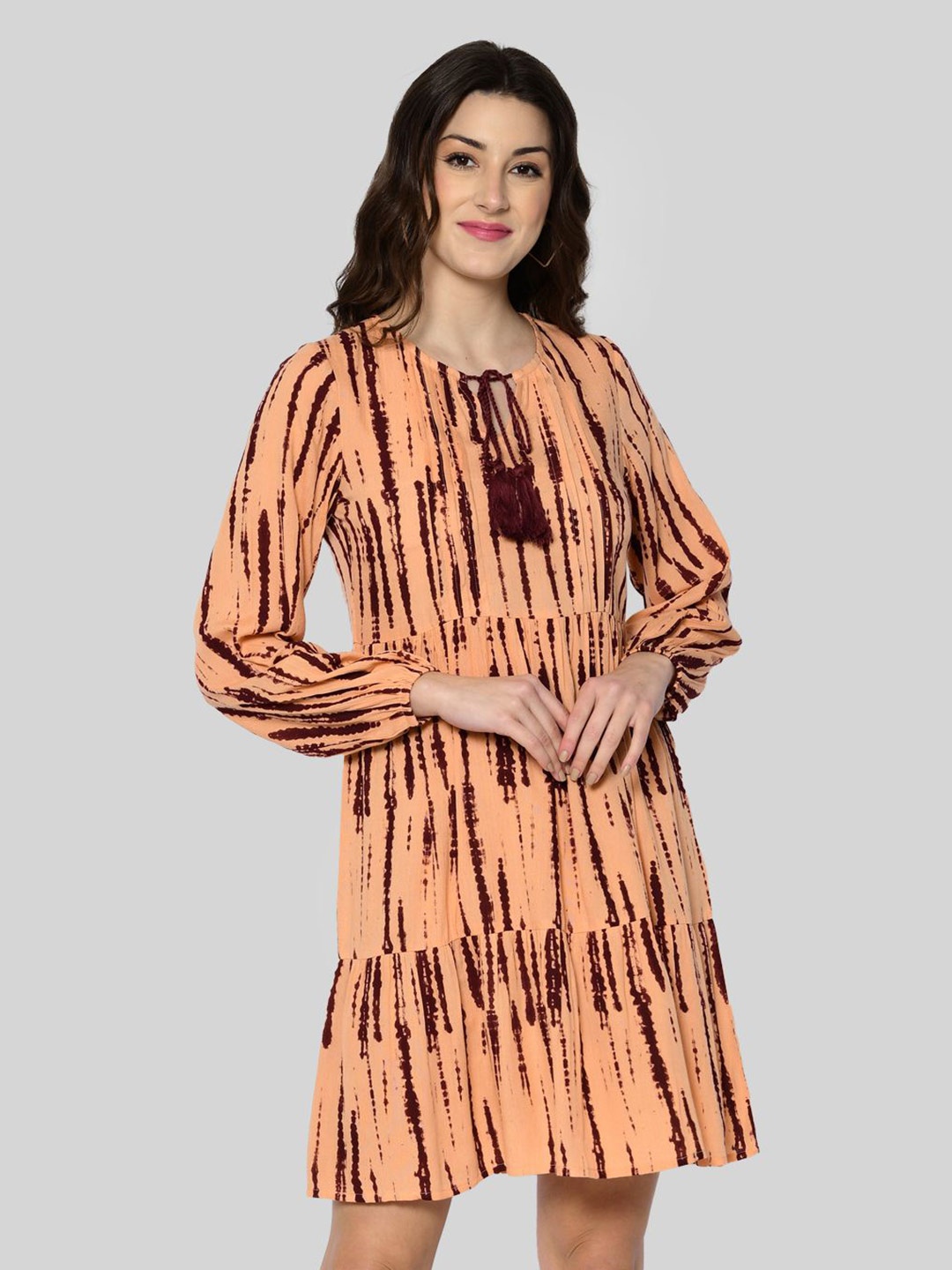 

DressBerry Tie and Dye Print Tie-Up Neck Puff Sleeve A-Line Dress, Orange