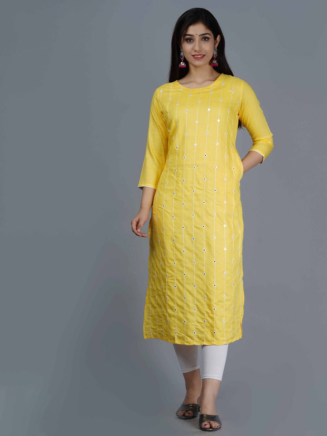 

SHAGUNA'S Women Embroidered Round Neck Straight Kurta, Yellow