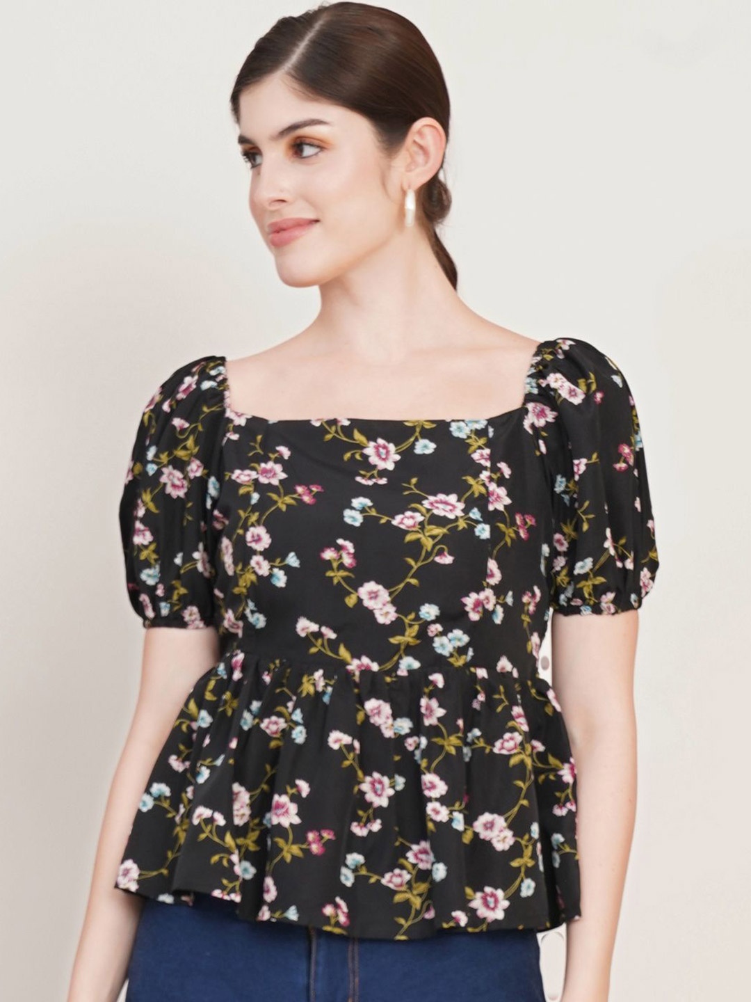 

Moda Rapido Floral Print Puff Sleeve Crepe Top, Black