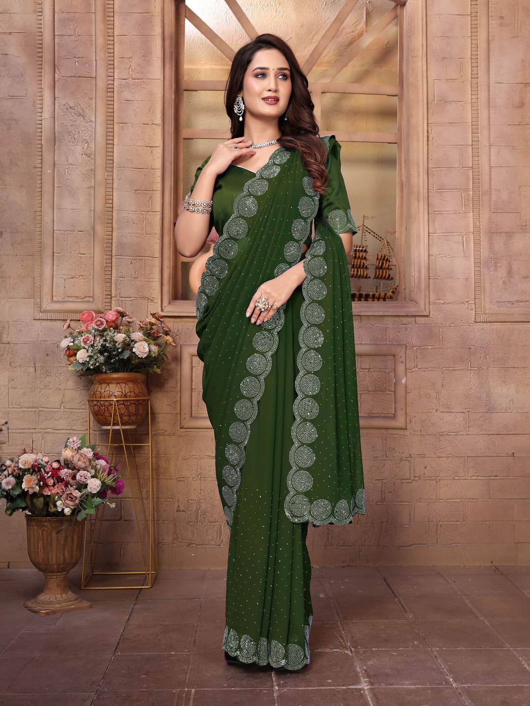 

ANJAVI FASHION Embellished Beads and Stones Pure Georgette Saree, Green