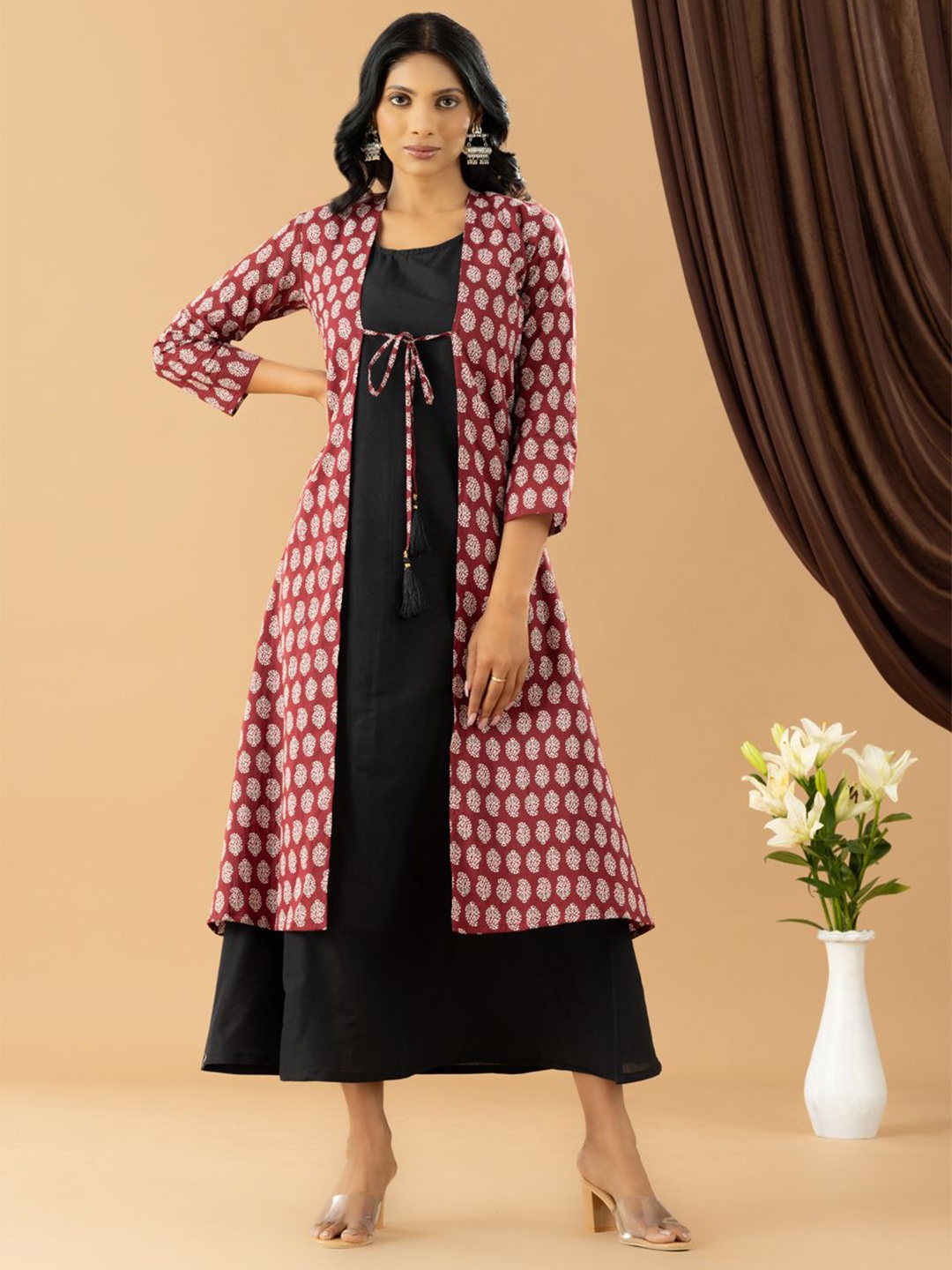 

HANDIKART Ethnic Motifs Print Shrug A-Line Cotton Midi Dress, Maroon