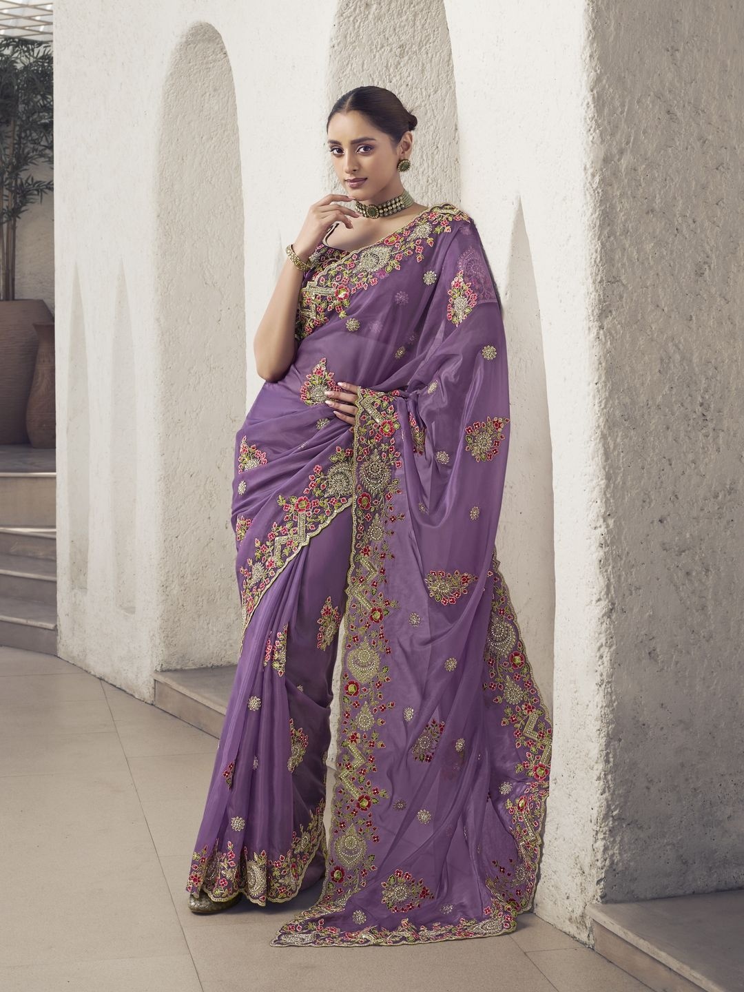 

Suha Embellished Sequinned Saree, Purple