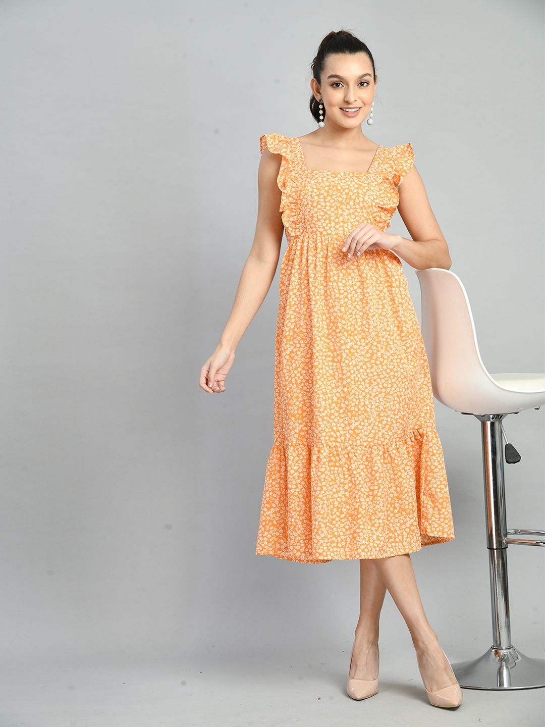 

DressBerry Floral Print Flutter Sleeve Ruffled Fit & Flare Midi Dress, Orange