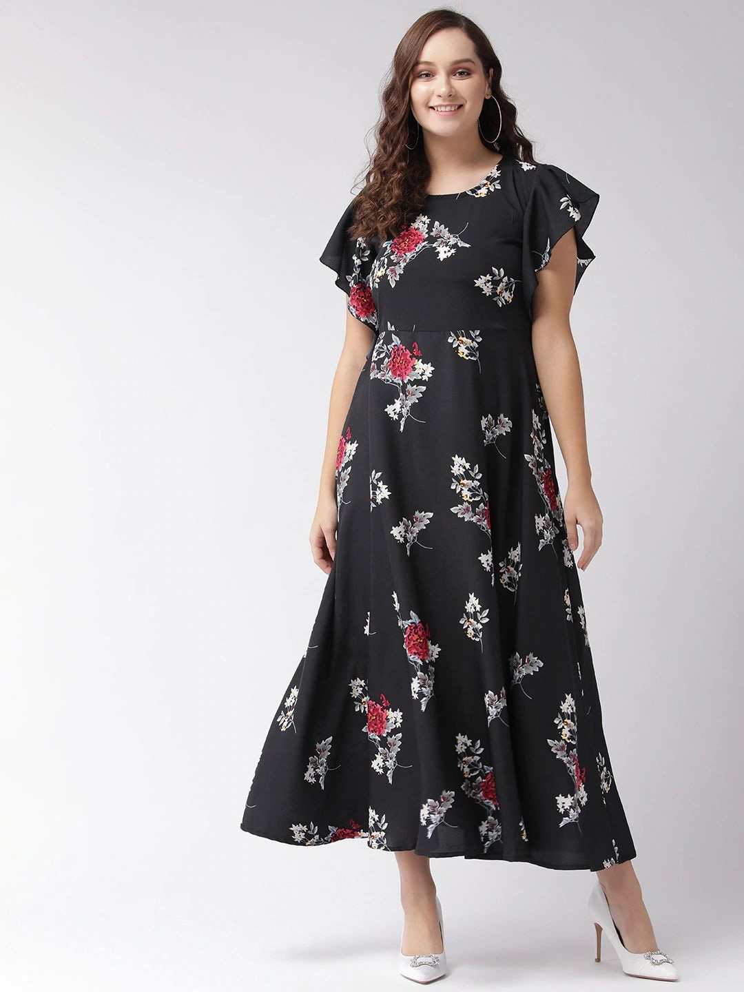 

Moda Rapido Floral Print Flutter Sleeve Crepe Maxi Dress, Black