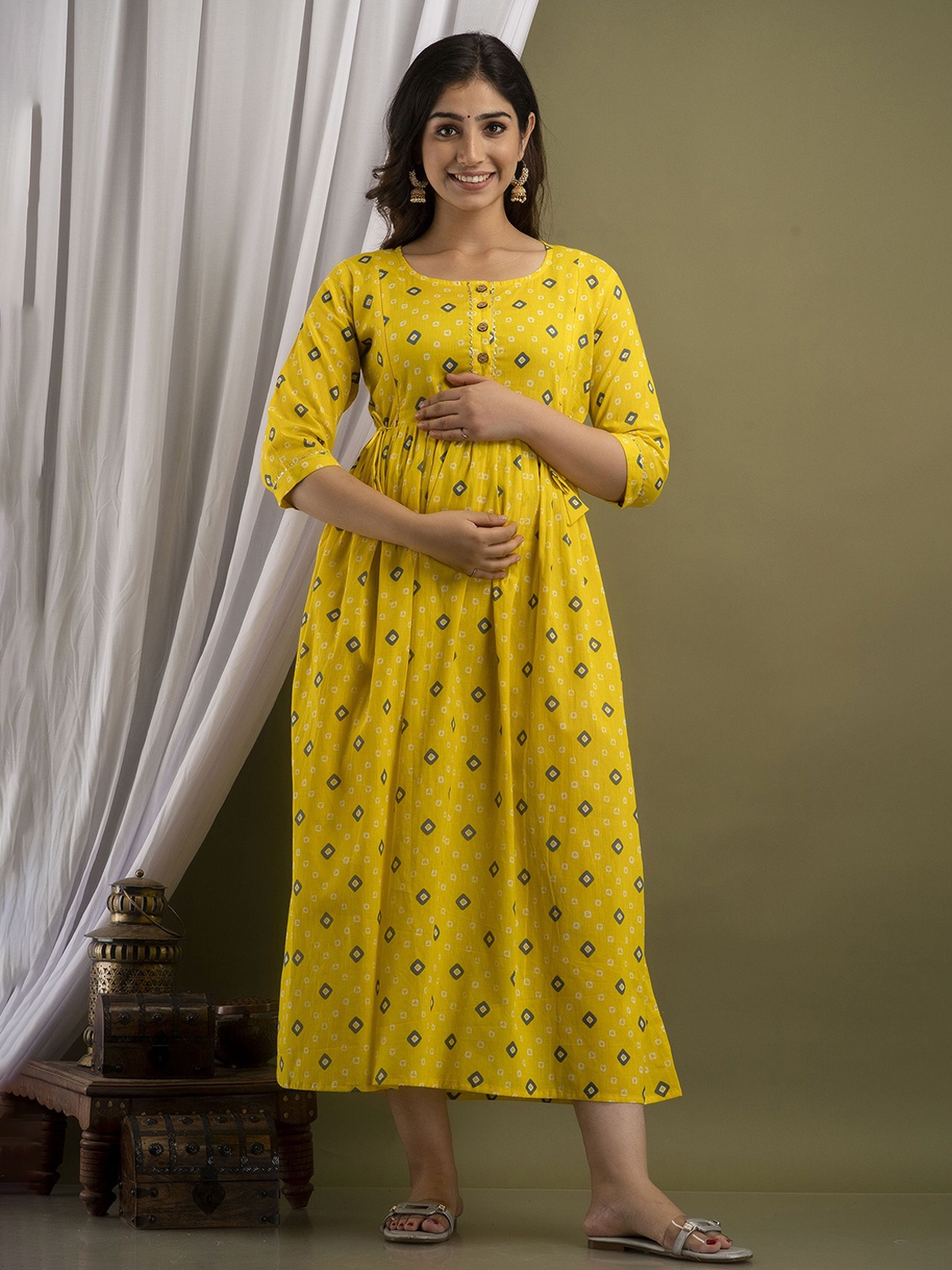 

FEMARY Women Printed Maternity Midi Dress, Yellow