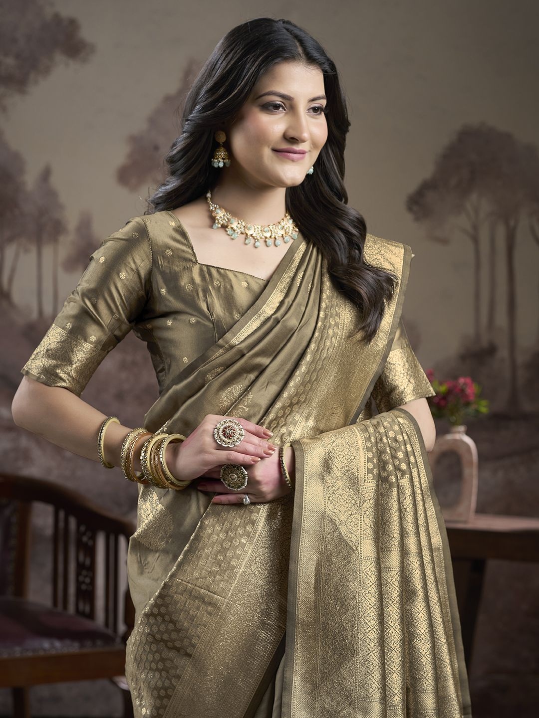 

Ethnielle Ethnic Motifs Woven Design Pure Silk Saree, Green