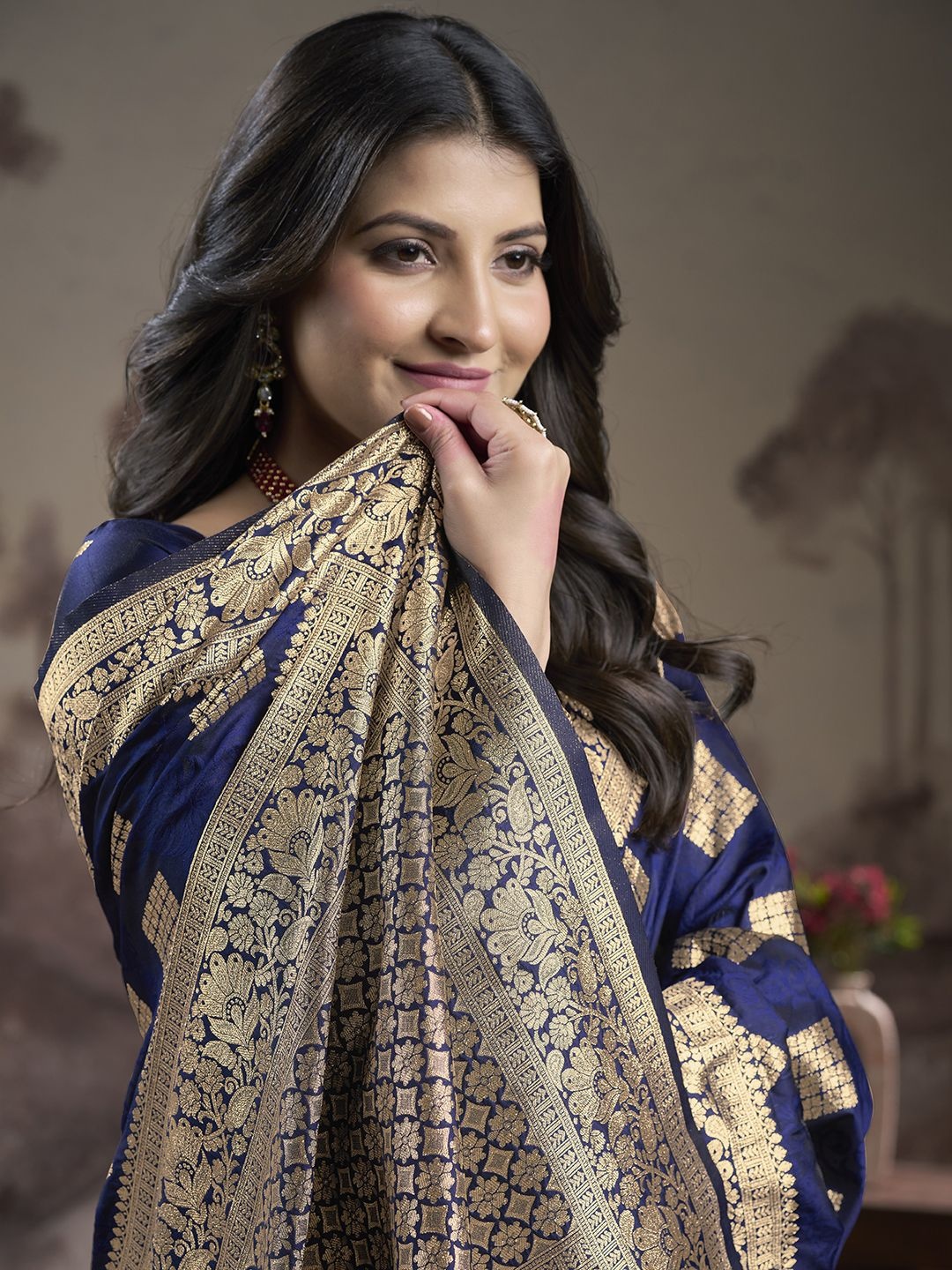 

Ethnielle Ethnic Motifs Woven Design Pure Silk Saree, Navy blue