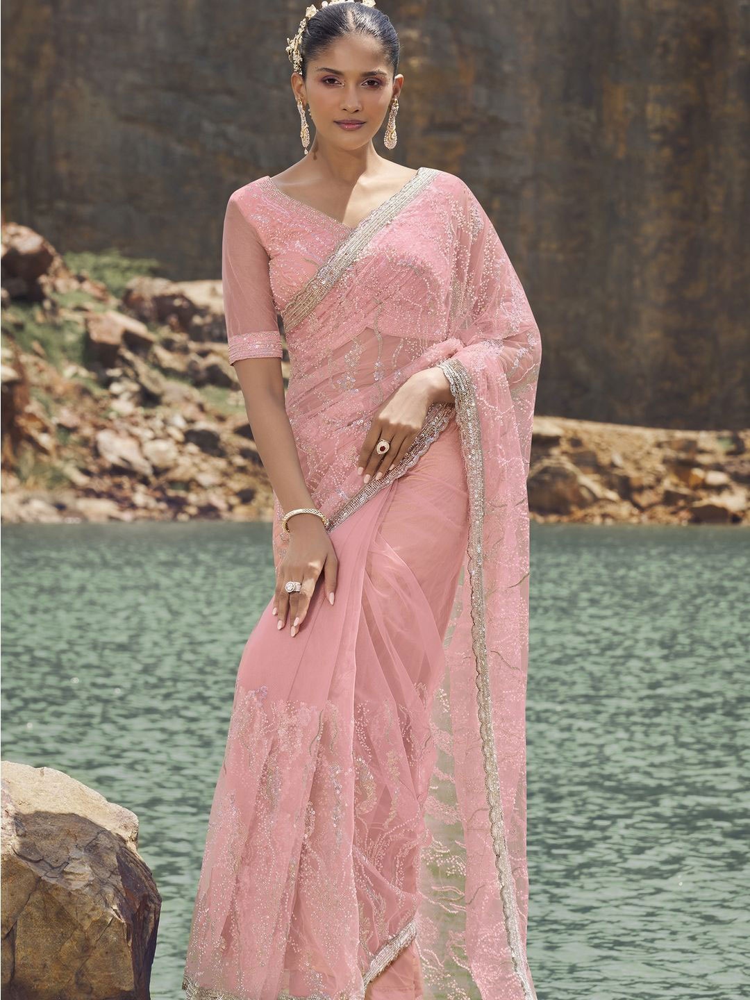 

Suha Embellished Beads and Stones Net Saree, Pink