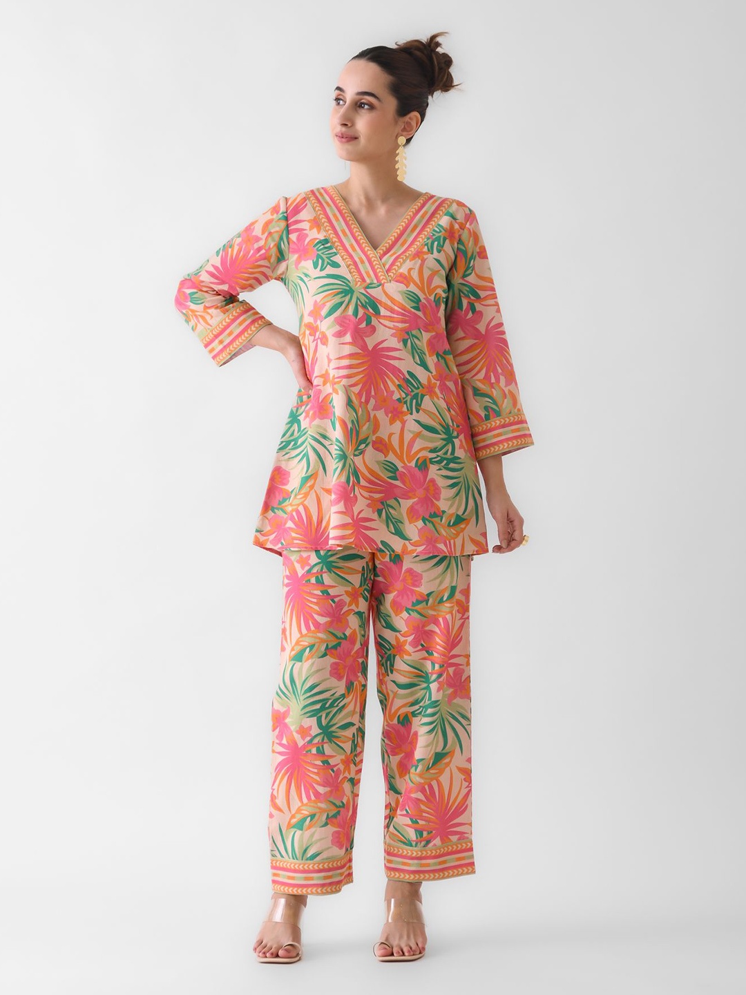 

Rustorange Tropical Printed Pure Cotton V-Neck Top With Trouser Co-Ords, Peach