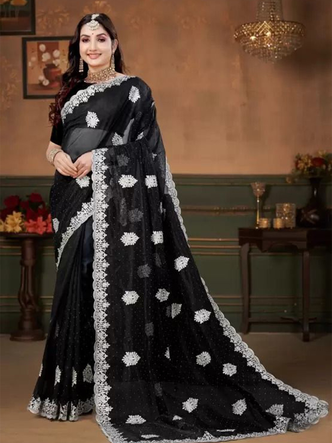 

KALINI Floral Net Saree, Black