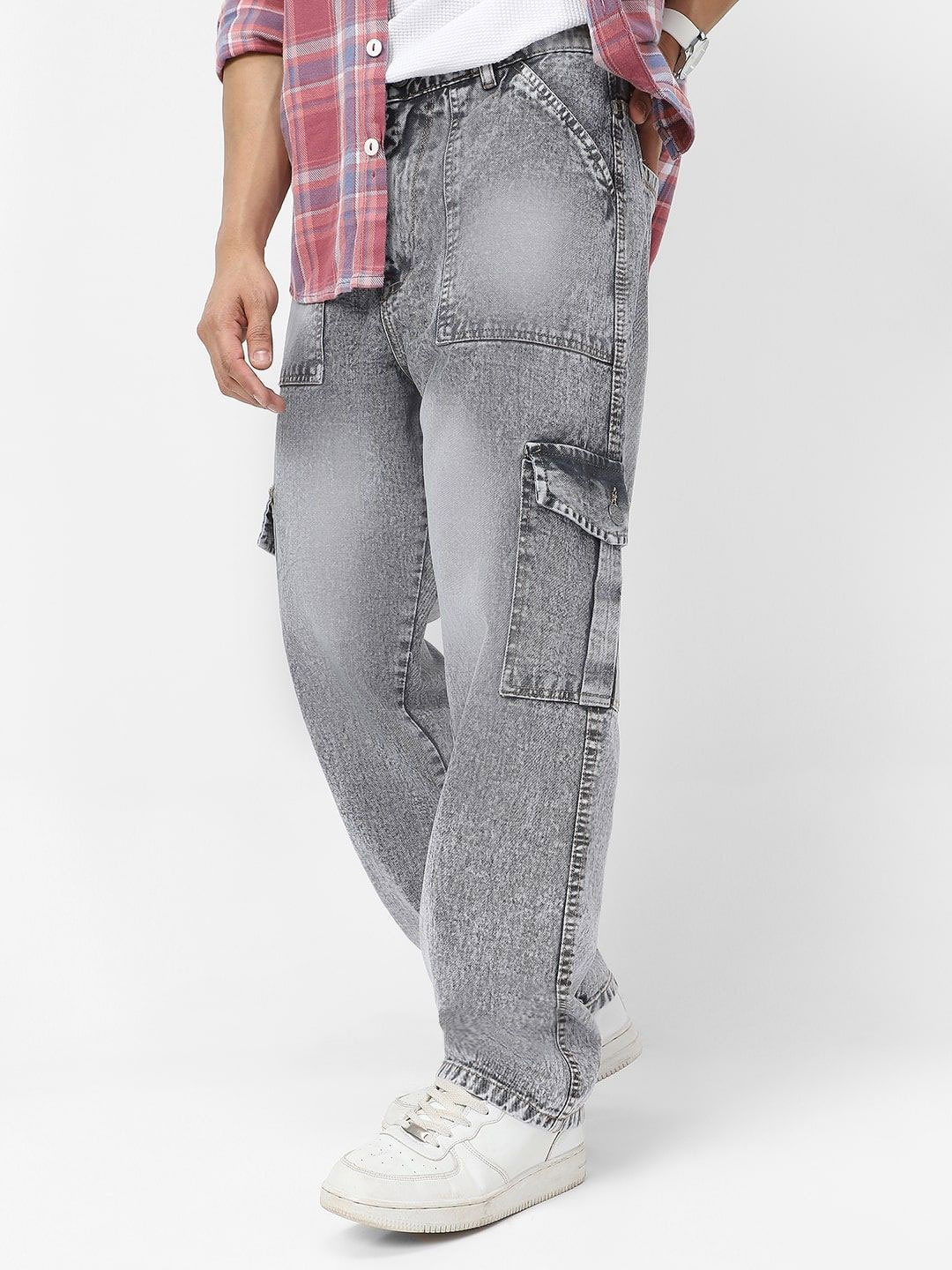 

Urbano Fashion Men Ice Grey Loose Fit Cargo Jeans With 6 Pockets Non-Stretchable