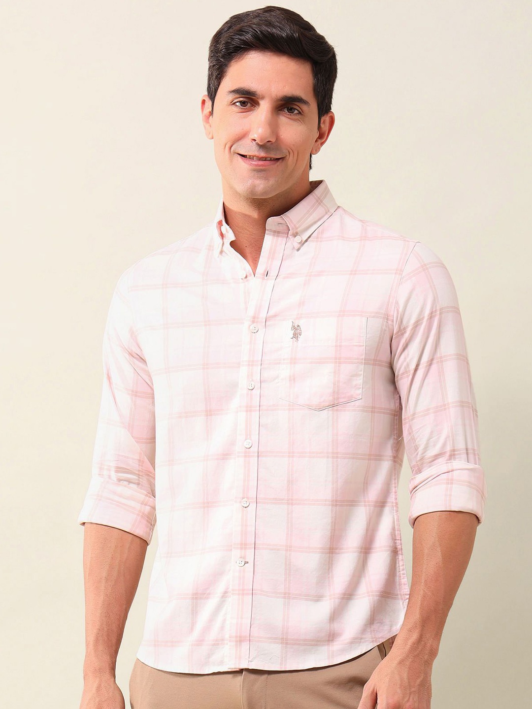 

U.S. Polo Assn. Men Button-Down Collar Tartan Checked Cotton Casual Shirt, Pink