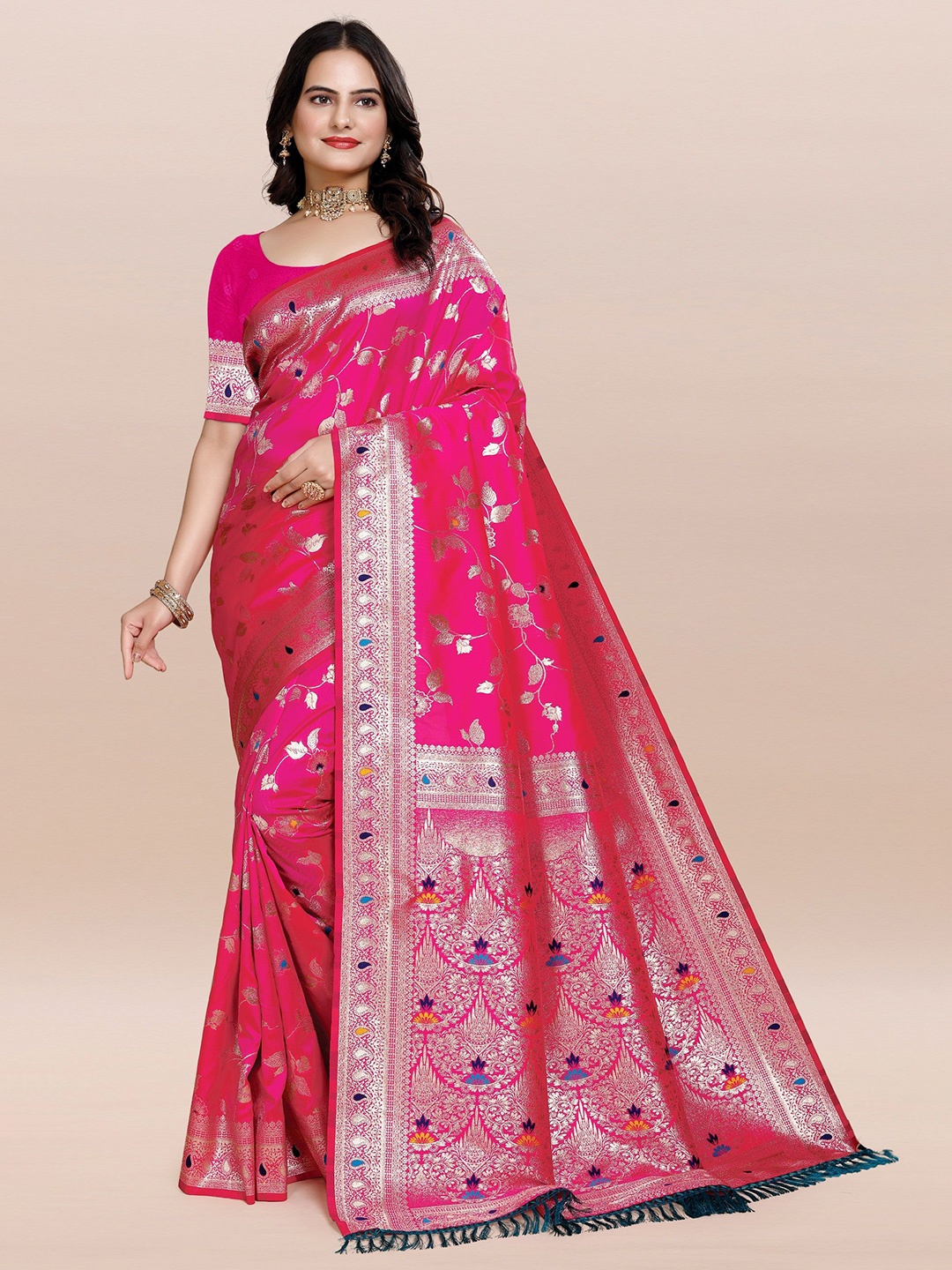 

TORONFRAS Floral Zari Silk Blend Banarasi Saree, Pink