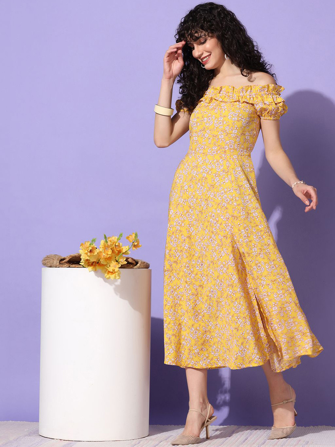 

BAESD Women Floral Printed Cotton Fit & Flare Midi Dress, Yellow