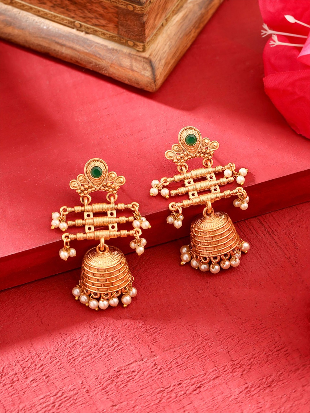 

Yellow Chimes Gold-Plated Stone Studded & Beaded Dome Shaped Jhumkas