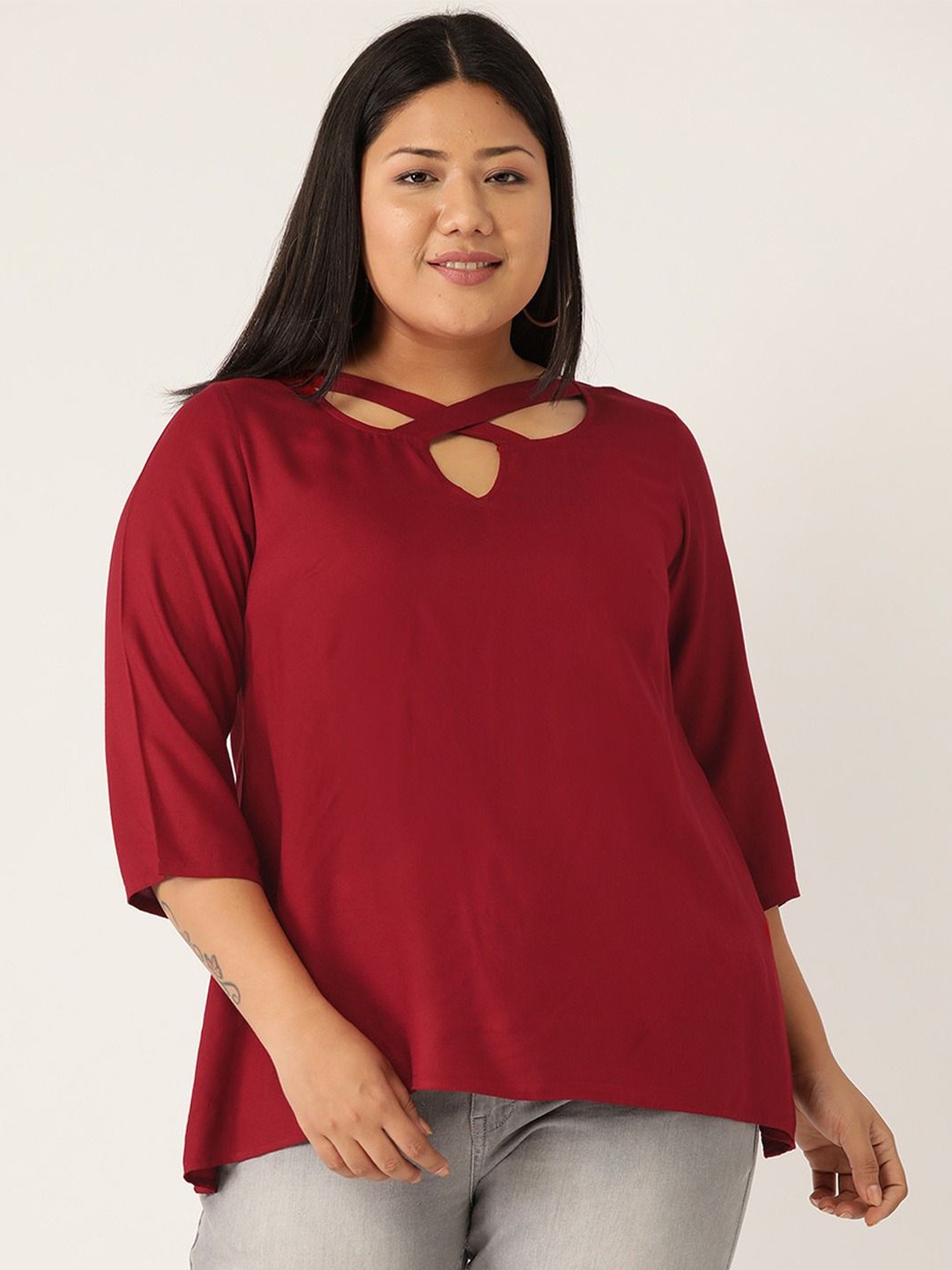 

theRebelinme Women Plus Size Cut Out Top, Maroon