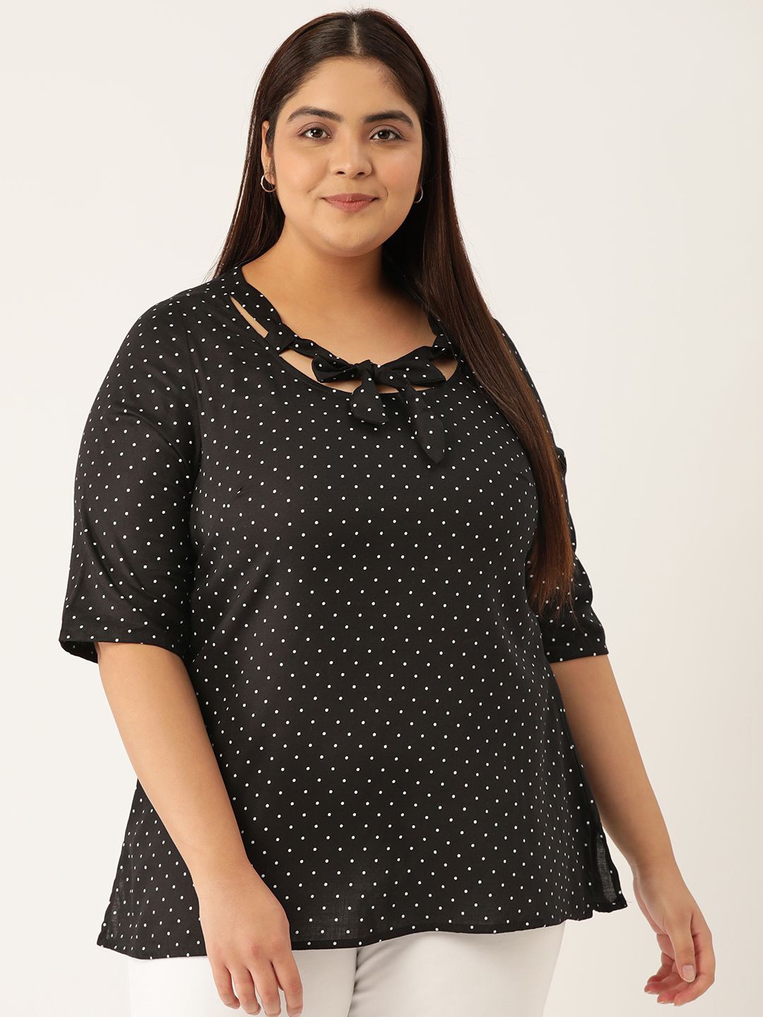 

theRebelinme Plus Size Tie-Ups Detail Polka Dot Printed Top, Black