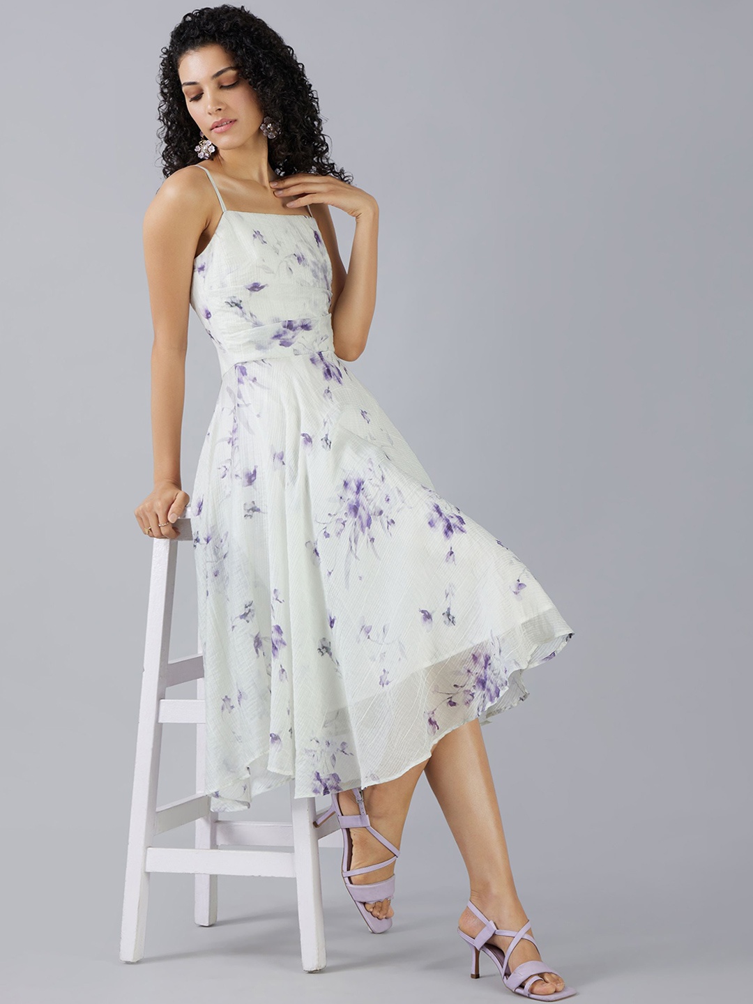 

MISH X Women Floral Printed Fit & Flare Midi Dress, Off white