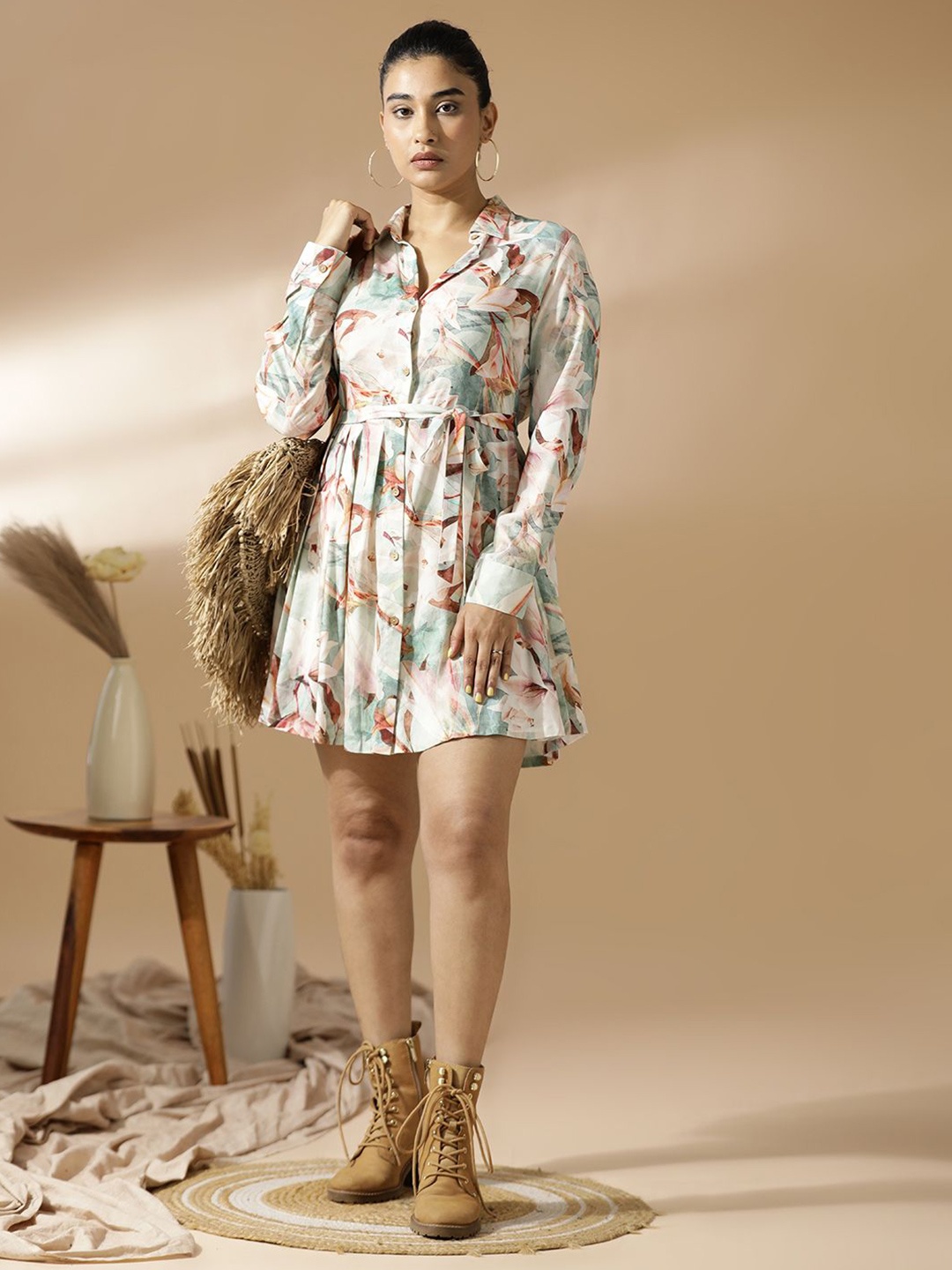 

Mugo Floral Print A-Line Shirt Dress, Green