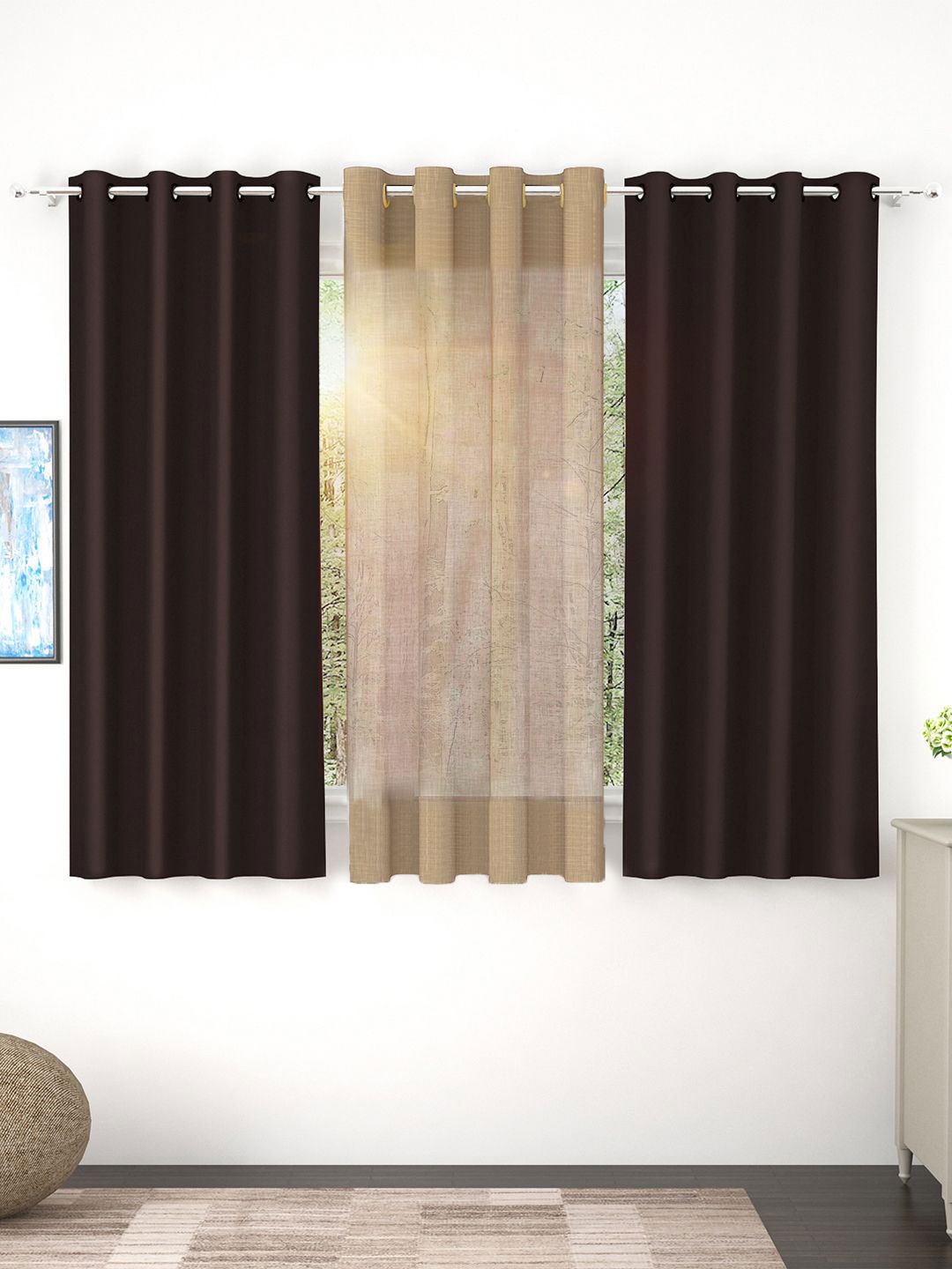 

Story@home Set of 3 Combo Window Curtains of Blackout & Sheer 5 Feet, Coffee Brown & Brown