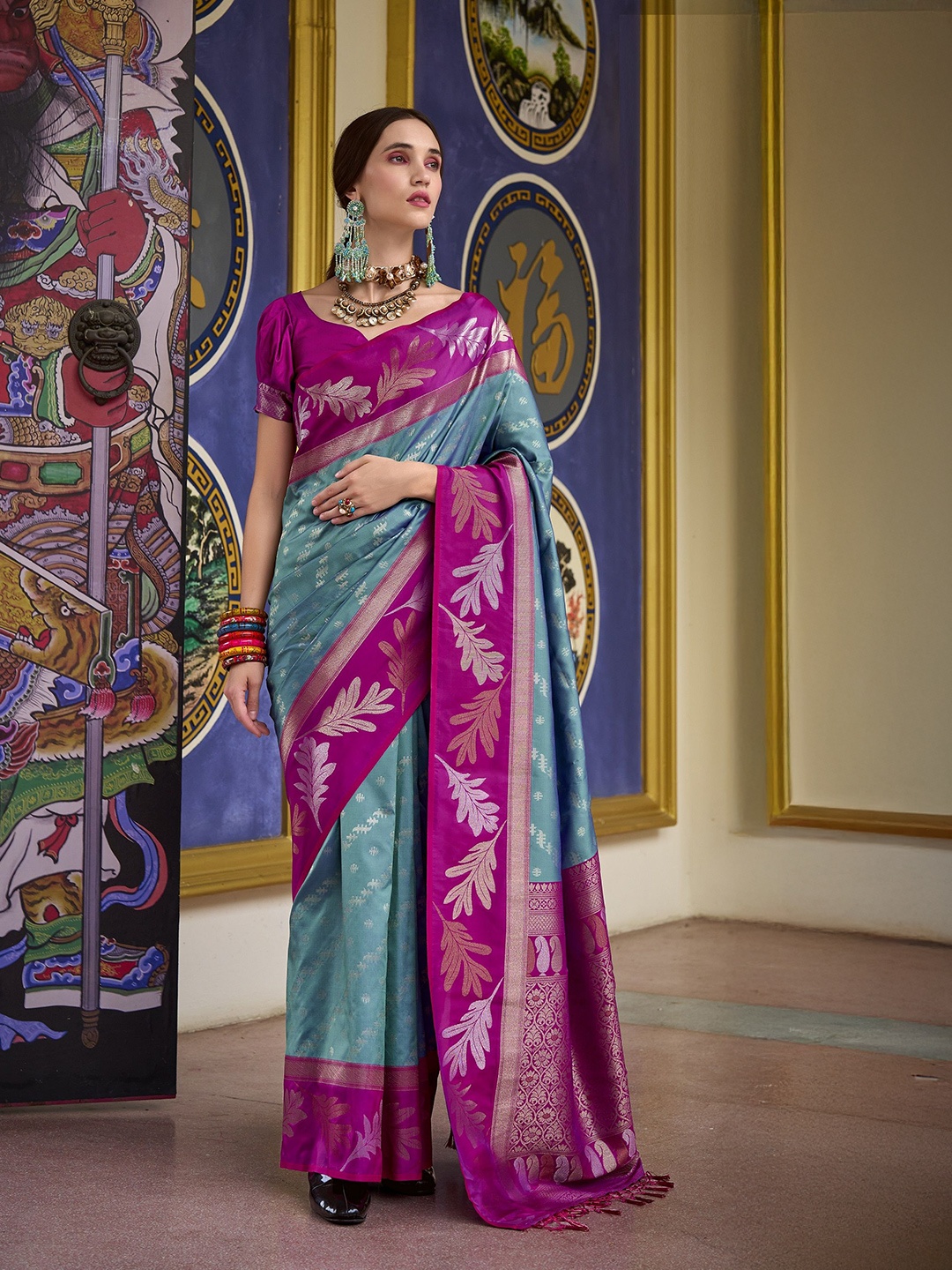 

MAHALASA Ethnic Motifs Woven Design Pure Silk Banarasi Saree, Turquoise blue