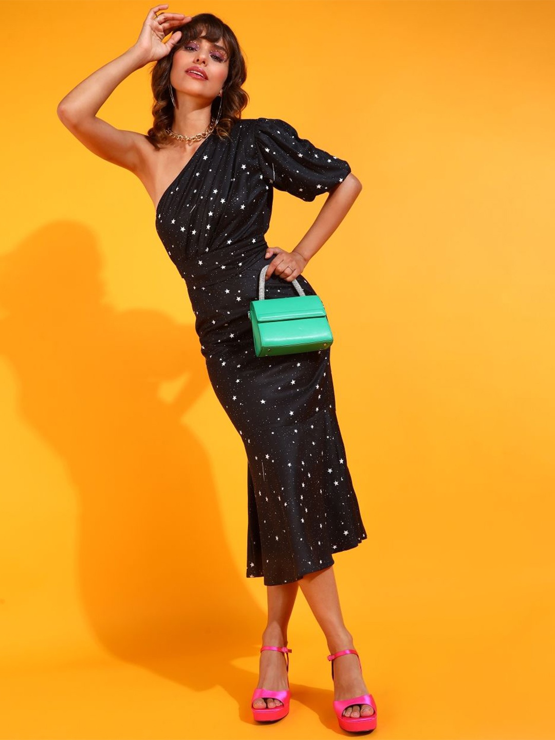 

DressBerry Embellished One Shoulder A-Line Midi Dress, Black