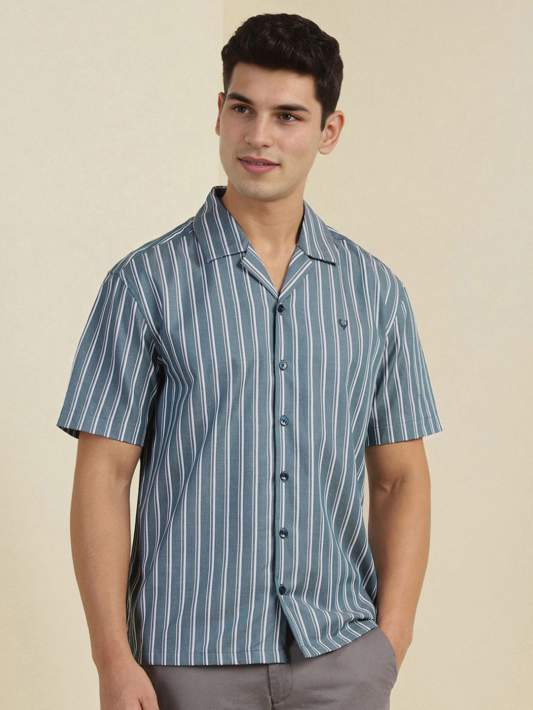 

Allen Solly Men Cuban Collar Vertical Striped Cotton Casual Shirt, Grey