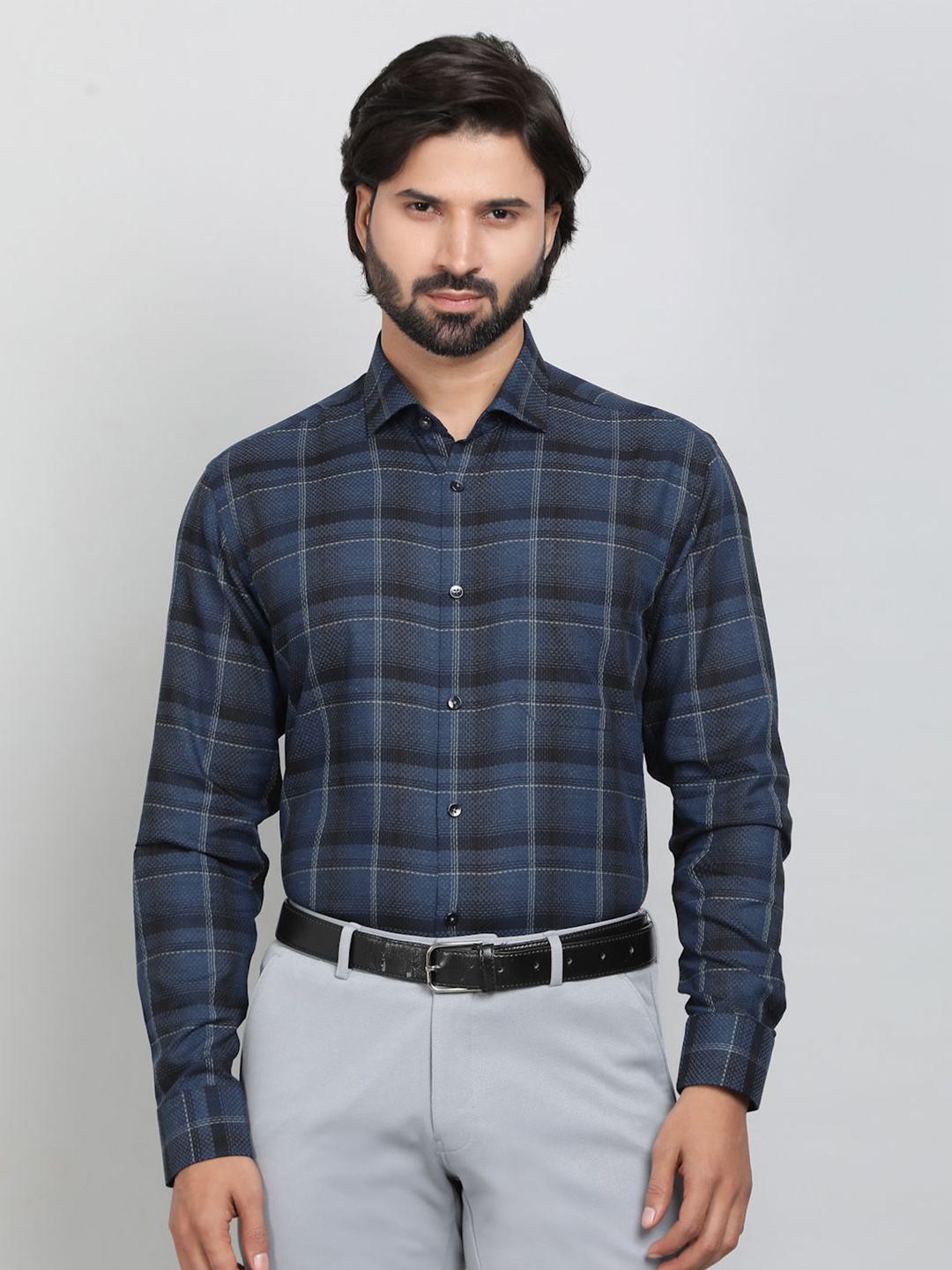 

METAL Men Slim Fit Tartan Checks Opaque Checked Formal Shirt, Blue