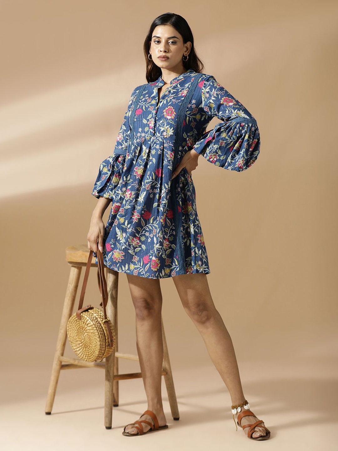 

mugo Floral Printed Mandarin Collar Bell Sleeves Pleated Detail Cotton A-Line Dress, Blue