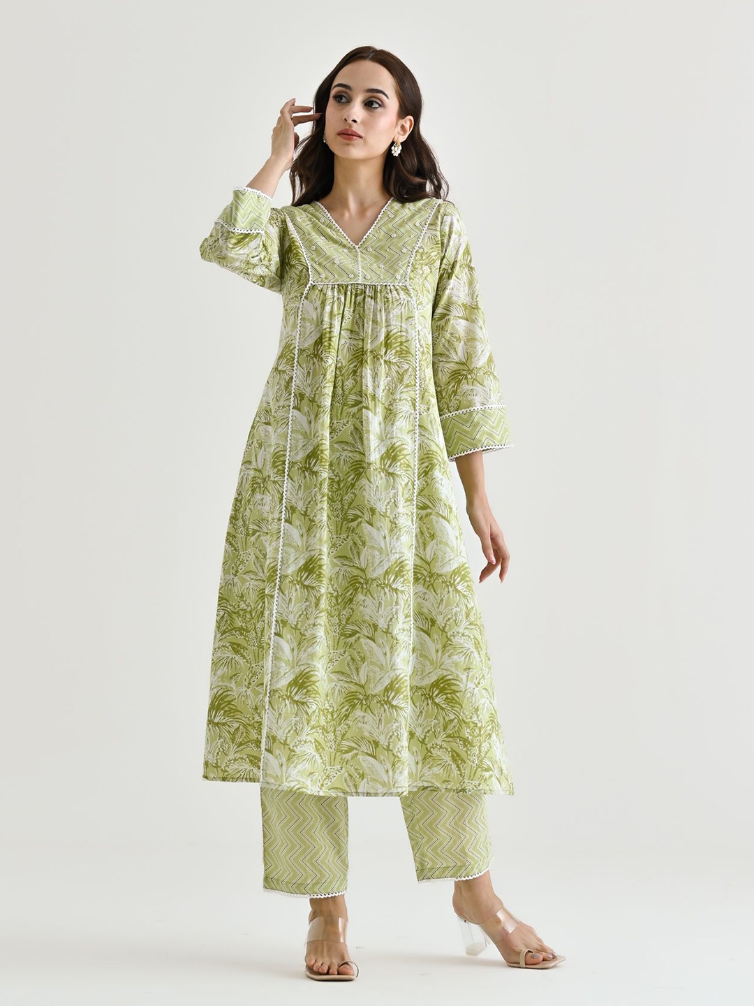 

Rustorange Floral Printed Beaded Lace Details Pleated Pure Cotton A-Line Kurta Pant Set, Green