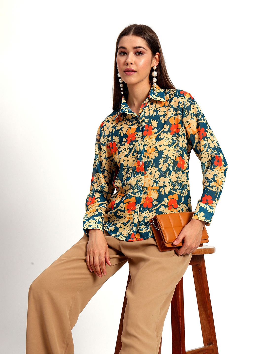 

Peikh Women Classic Floral Opaque Printed Casual Shirt, Navy blue