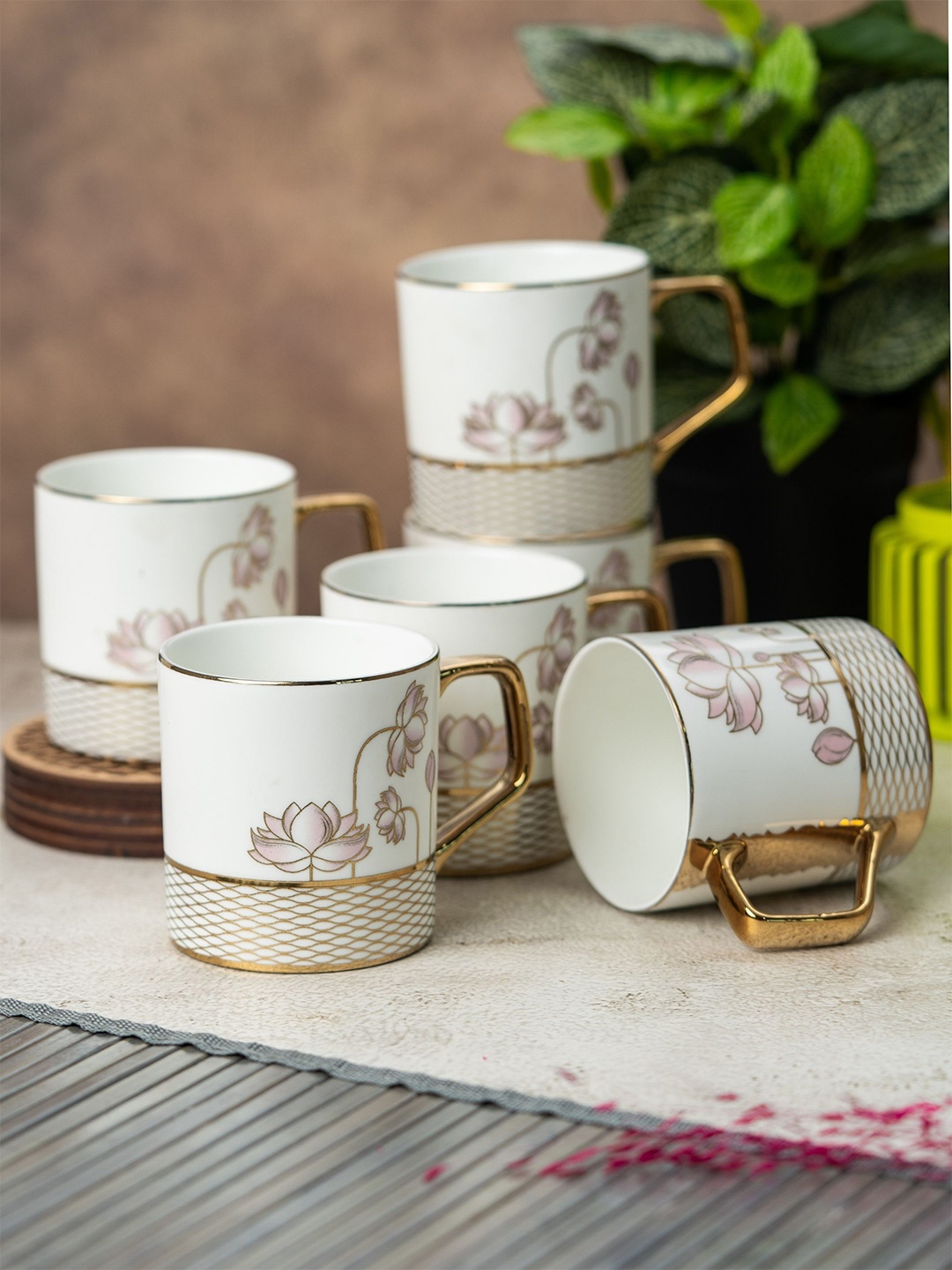 

CLAY CRAFT White & Brown Floral Printed Set Of 6 Ceramic Glossy Cups 215 ml