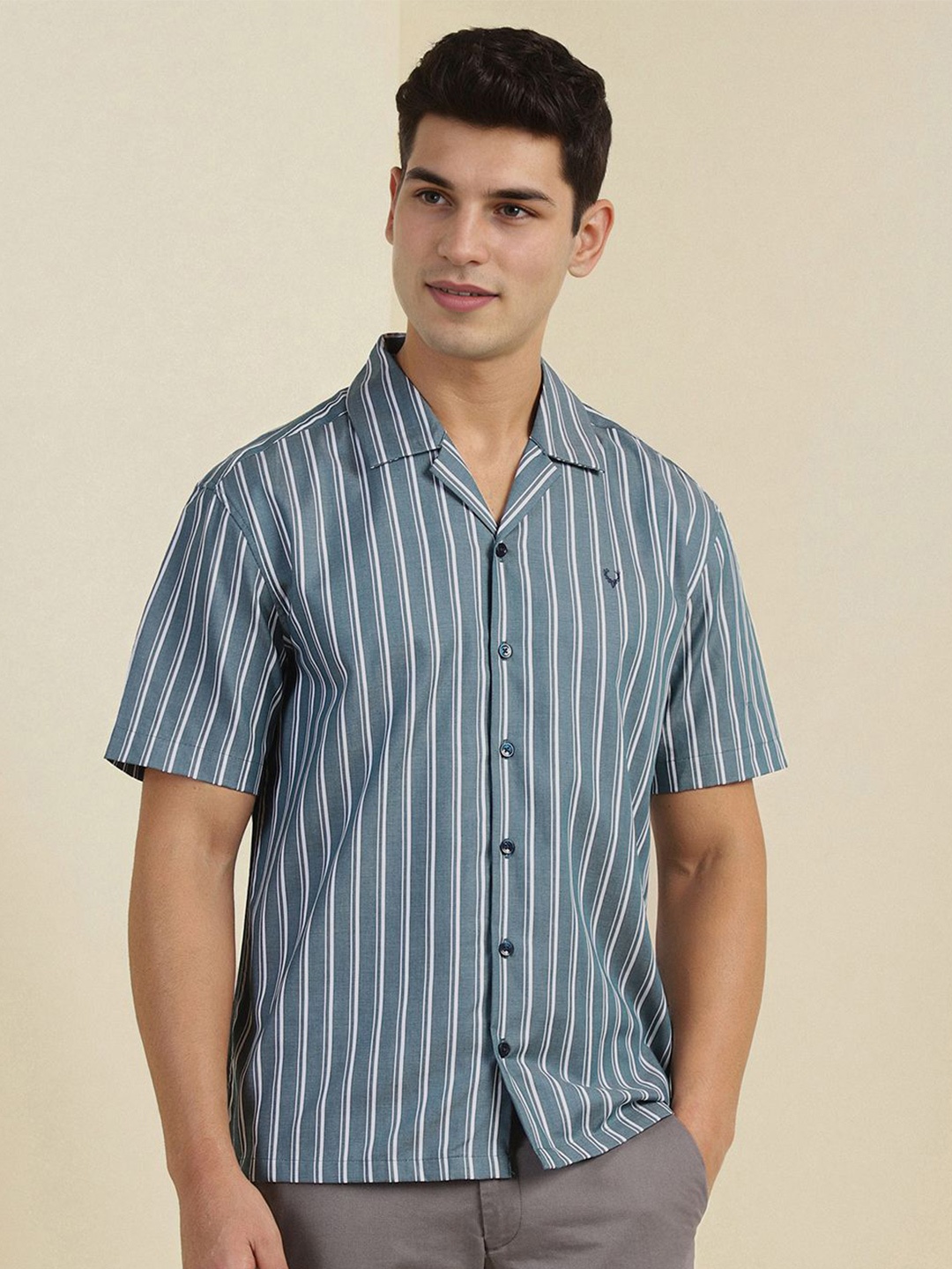 

Allen Solly Men Cuban Collar Vertical Striped Cotton Casual Shirt, Grey