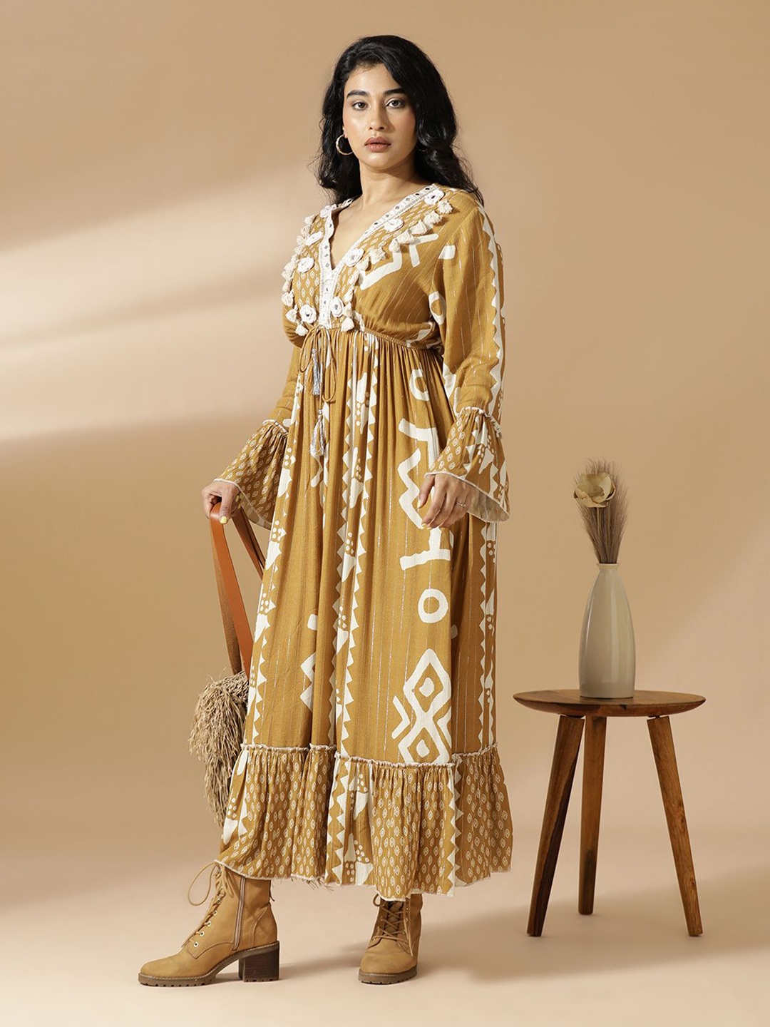 

Mugo Printed Bell Sleeve A-Line Maxi Sleeve, Mustard