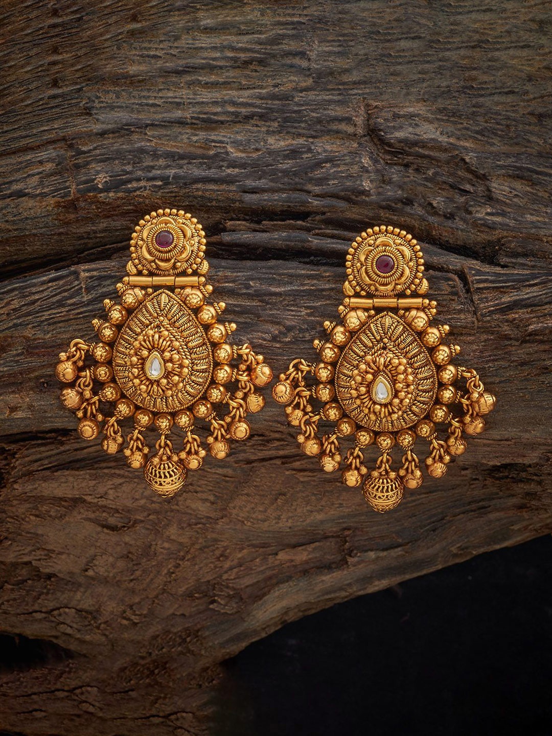 

Kushal's Fashion Jewellery Gold-Plated Teardrop Shaped Antique Drop Earrings