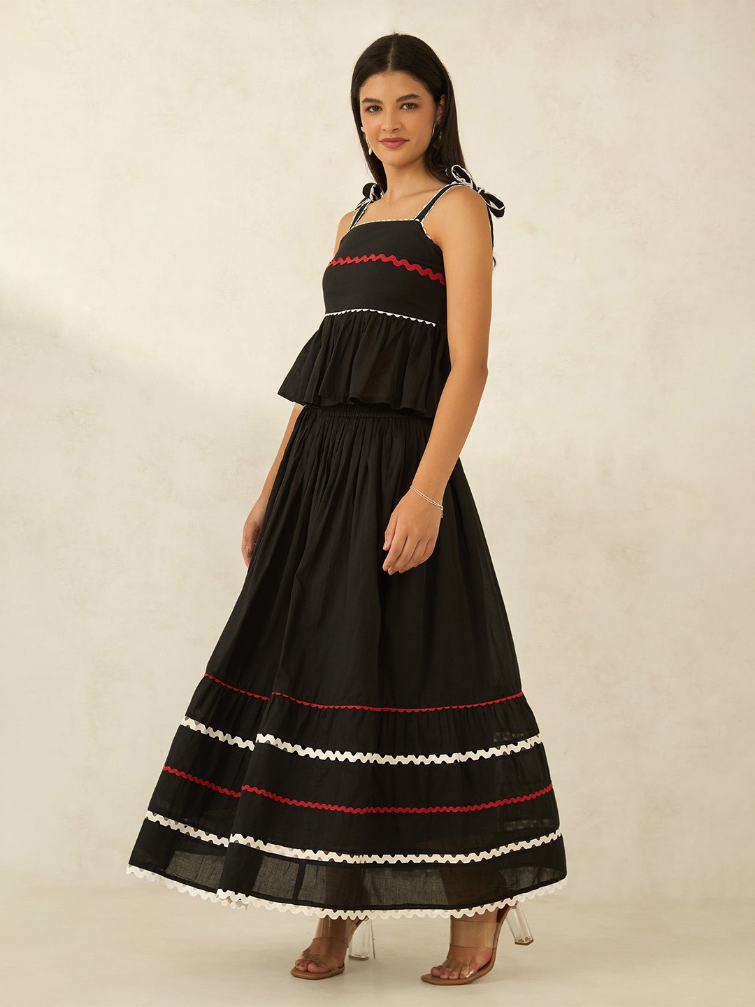 

Virgio Miesha Shoulder Strap Striped Peplum Top & Tiered Skirt, Black