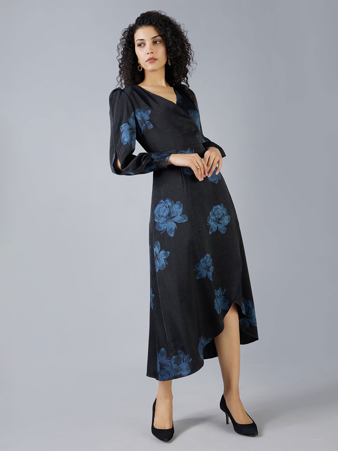 

MISH X Floral Printed Wrap Midi Dress, Black