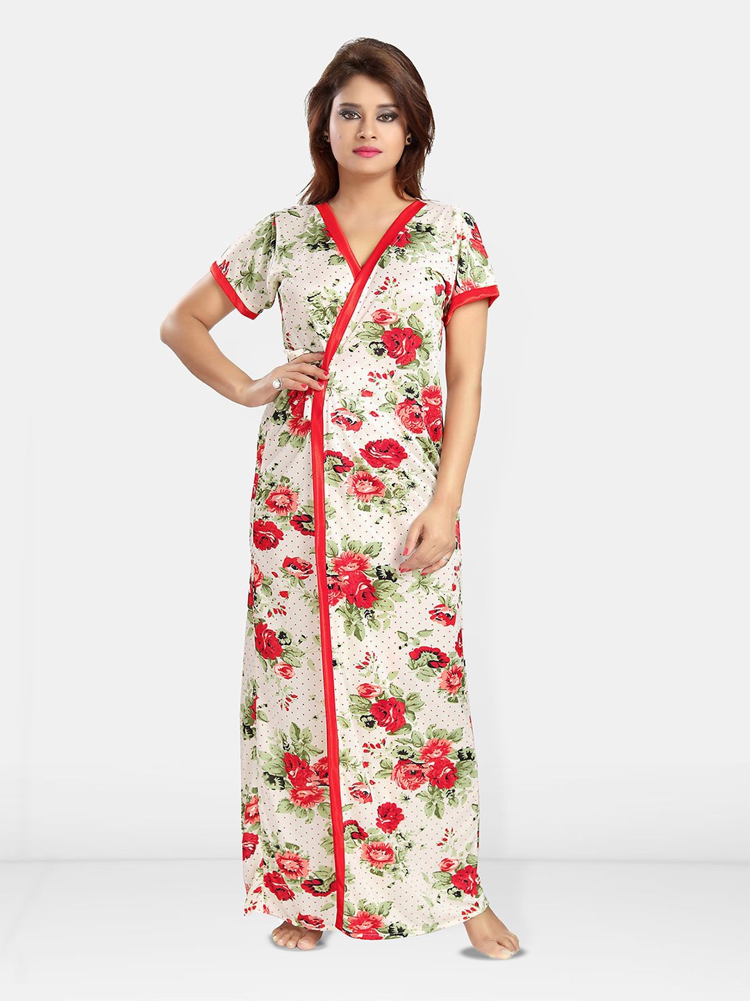 

Be You Women Printed V-Neck Maxi Nightdress, Red