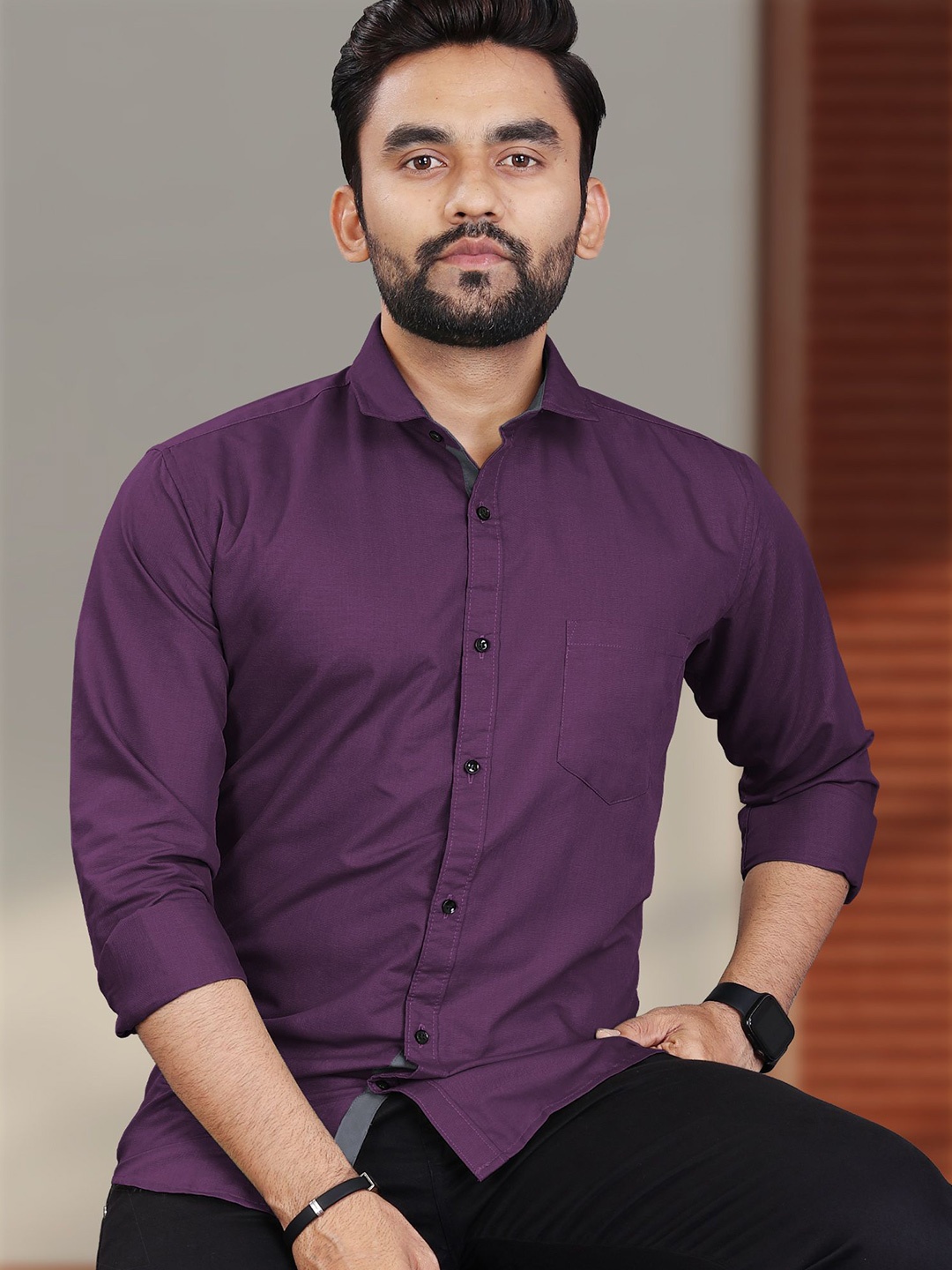 

VeBNoR Men Standard Fit Solid Spread Collar Casual Shirt, Purple