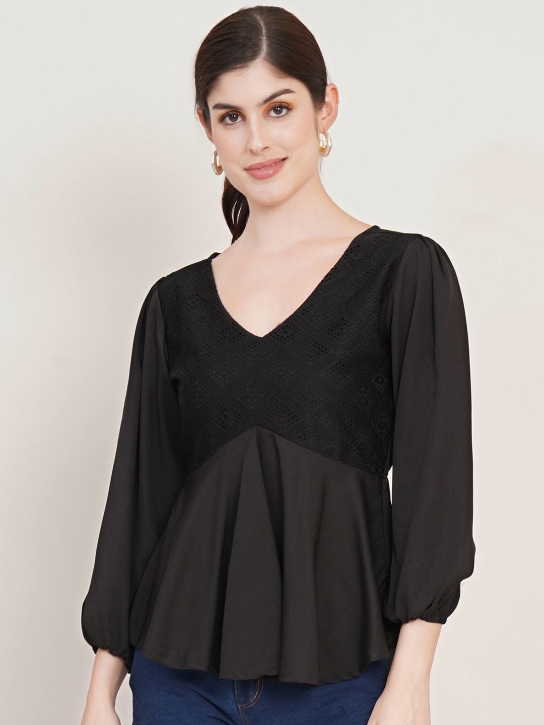 

Moda Rapido Puff Sleeve Crepe Top, Black