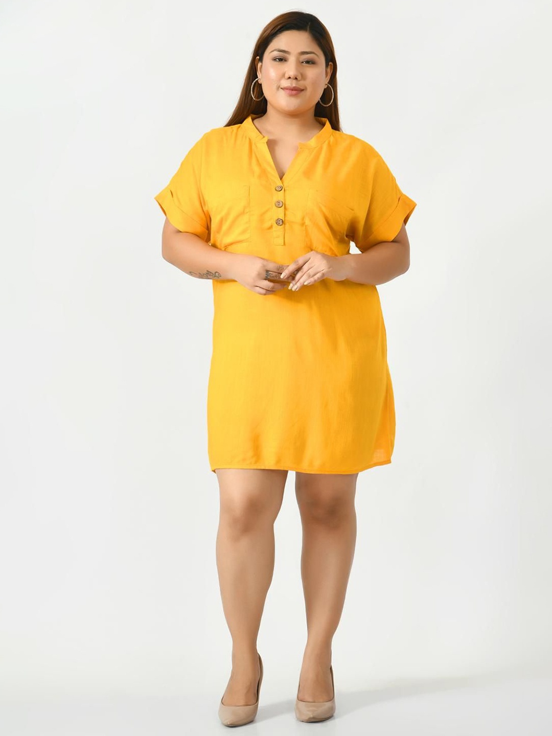

VAAMII Women Plus Size Mandarin Collar A-Line Dress, Mustard