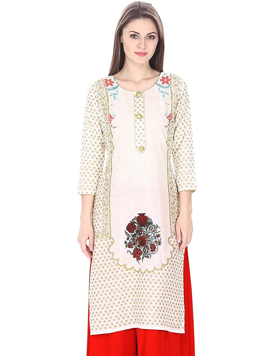 

Dillen Women Ethnic Motifs Printed Straight Kurti, Off white
