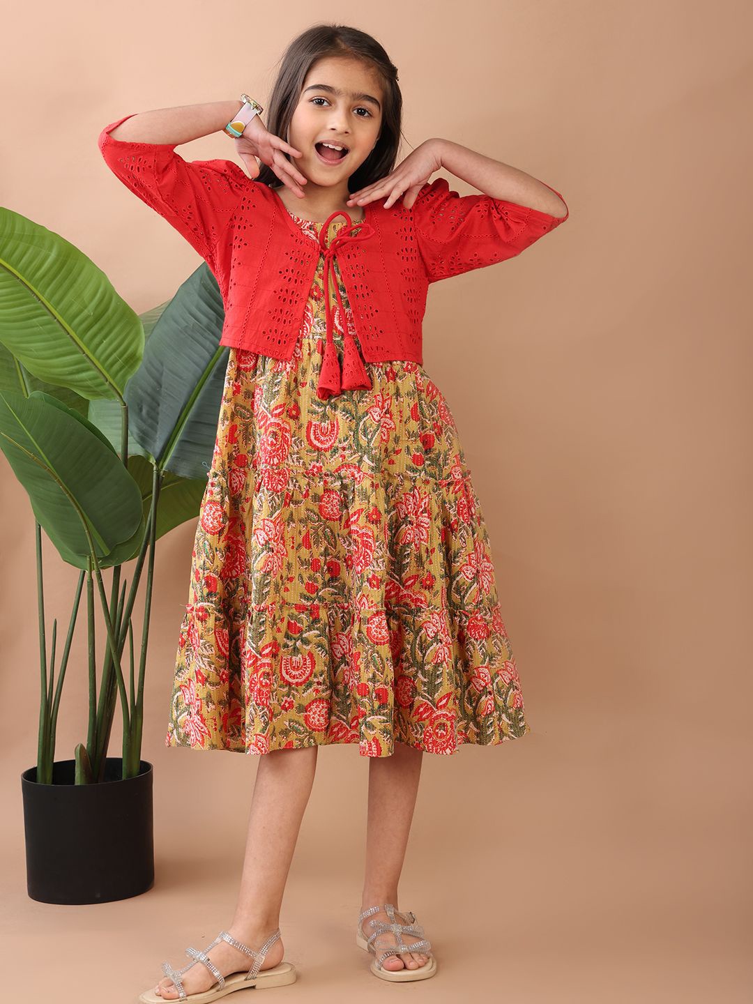 

Here&Now X Kinder Kids Girls Floral Print Tie-Up Neck A-Line Dress, Green