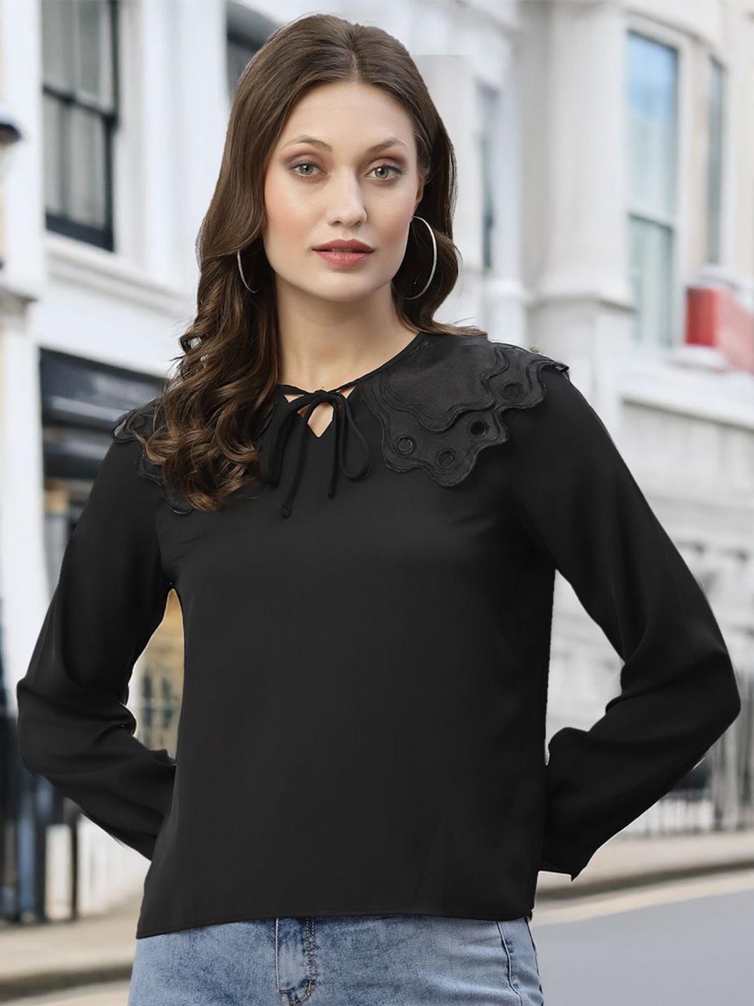 

STYLECAST X KASSUALLY Women Tie-Up Neck Cuffed Sleeves Crop Top, Black